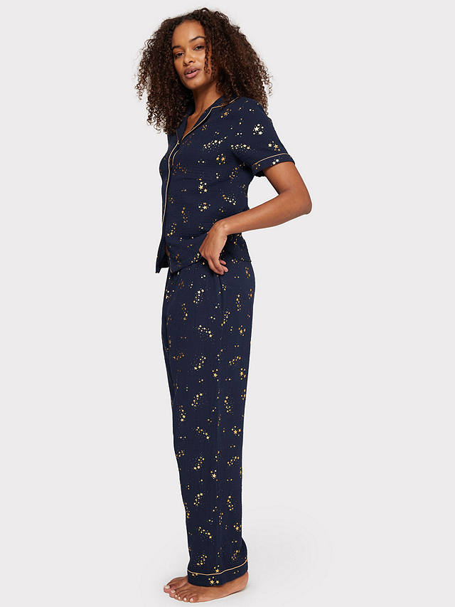 Chelsea Peers Cotton Cheesecloth Foil Star Long Pajama Set, Navy