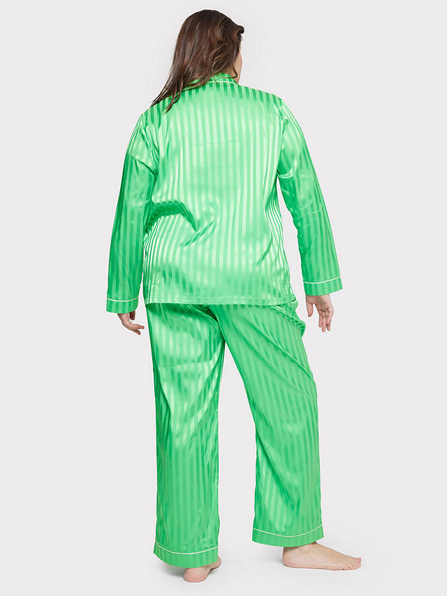 Chelsea Peers Curve Satin Jacquard Stripe Long Pyjama Set, Green