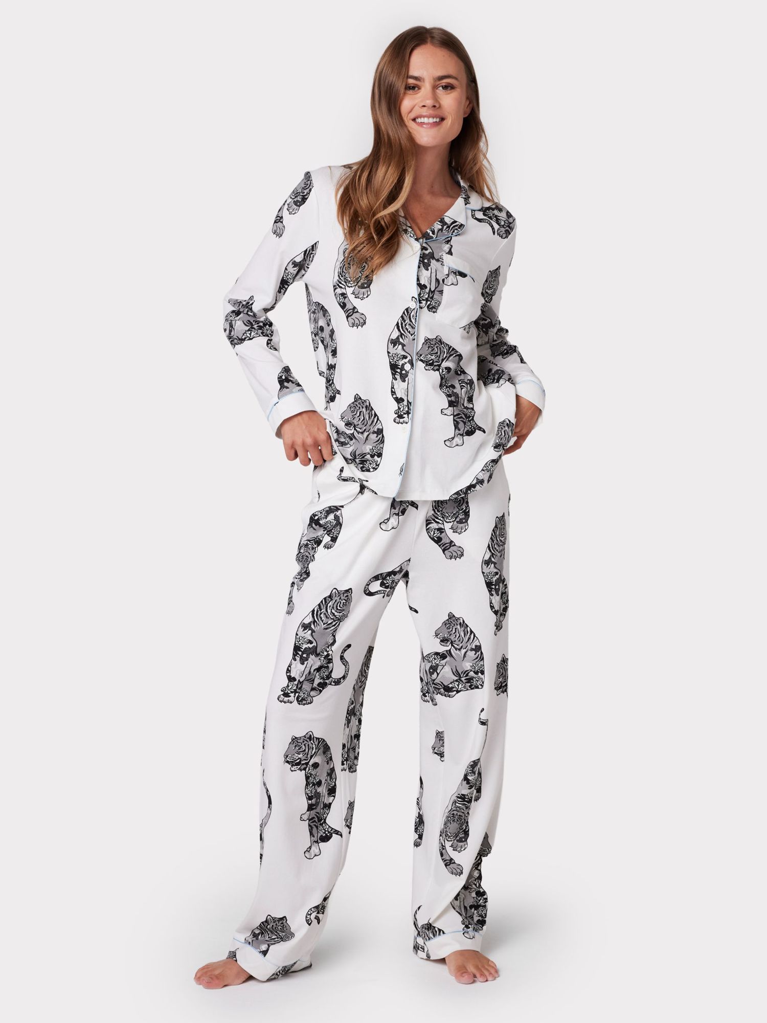 Buy Chelsea Peers Organic Cotton Tiger Print Long Pyjamas, Off White Online at johnlewis.com