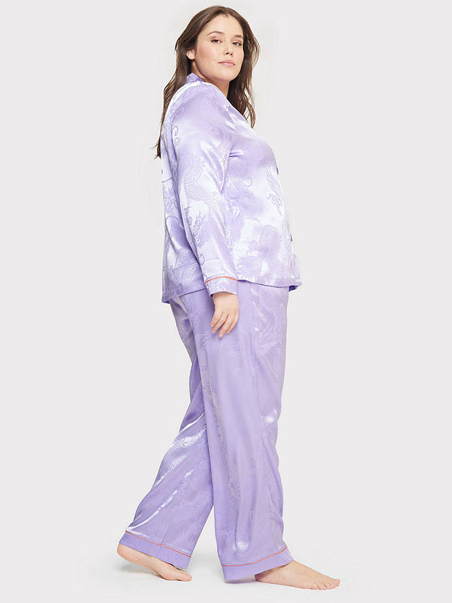 Chelsea Peers Curve Satin Jacquard Dragon Print Long Pyjama Set, Purple