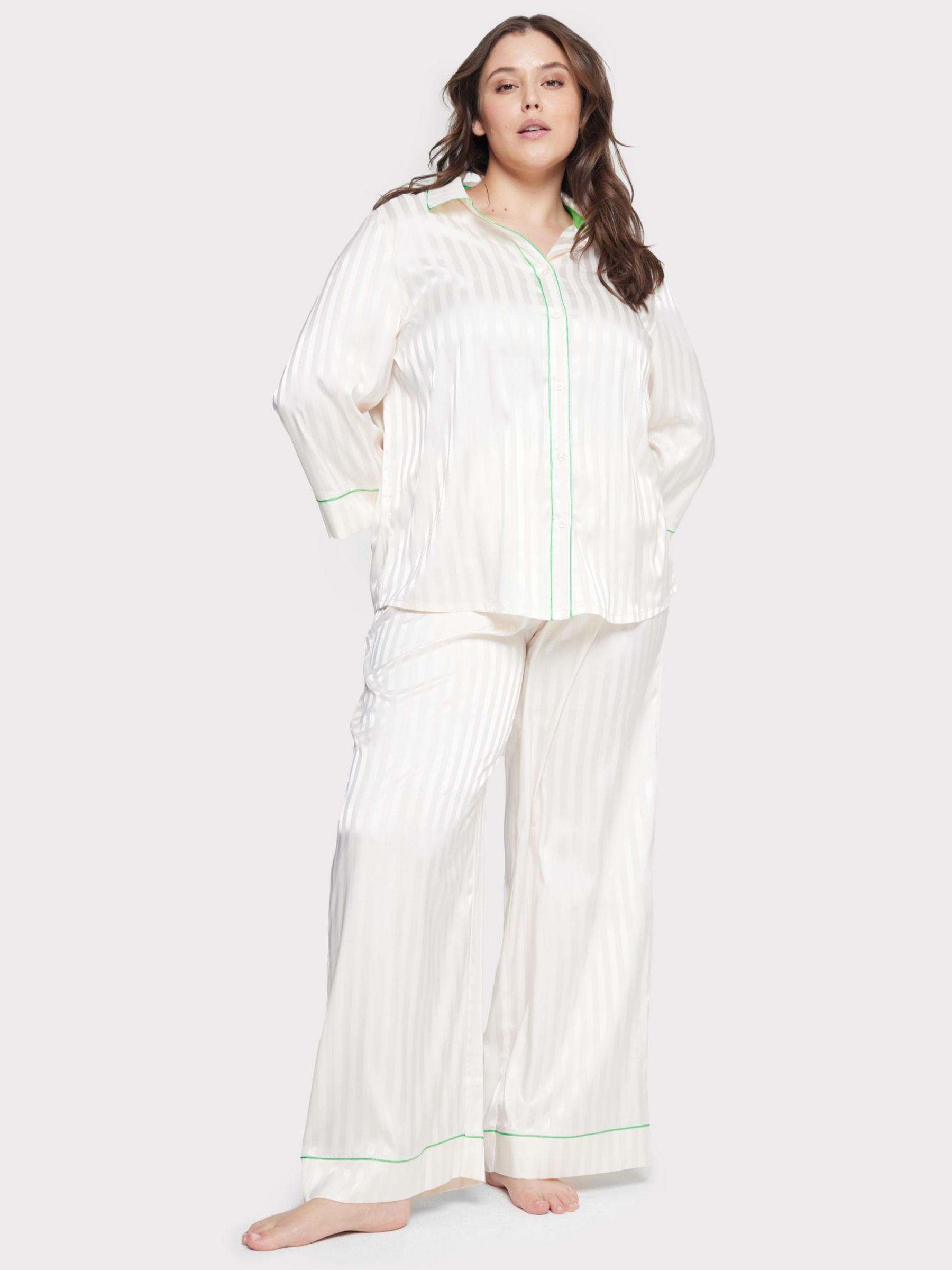 Buy Chelsea Peers Curve Satin Jacquard Stripe Long Pyjama Set, Off White Online at johnlewis.com