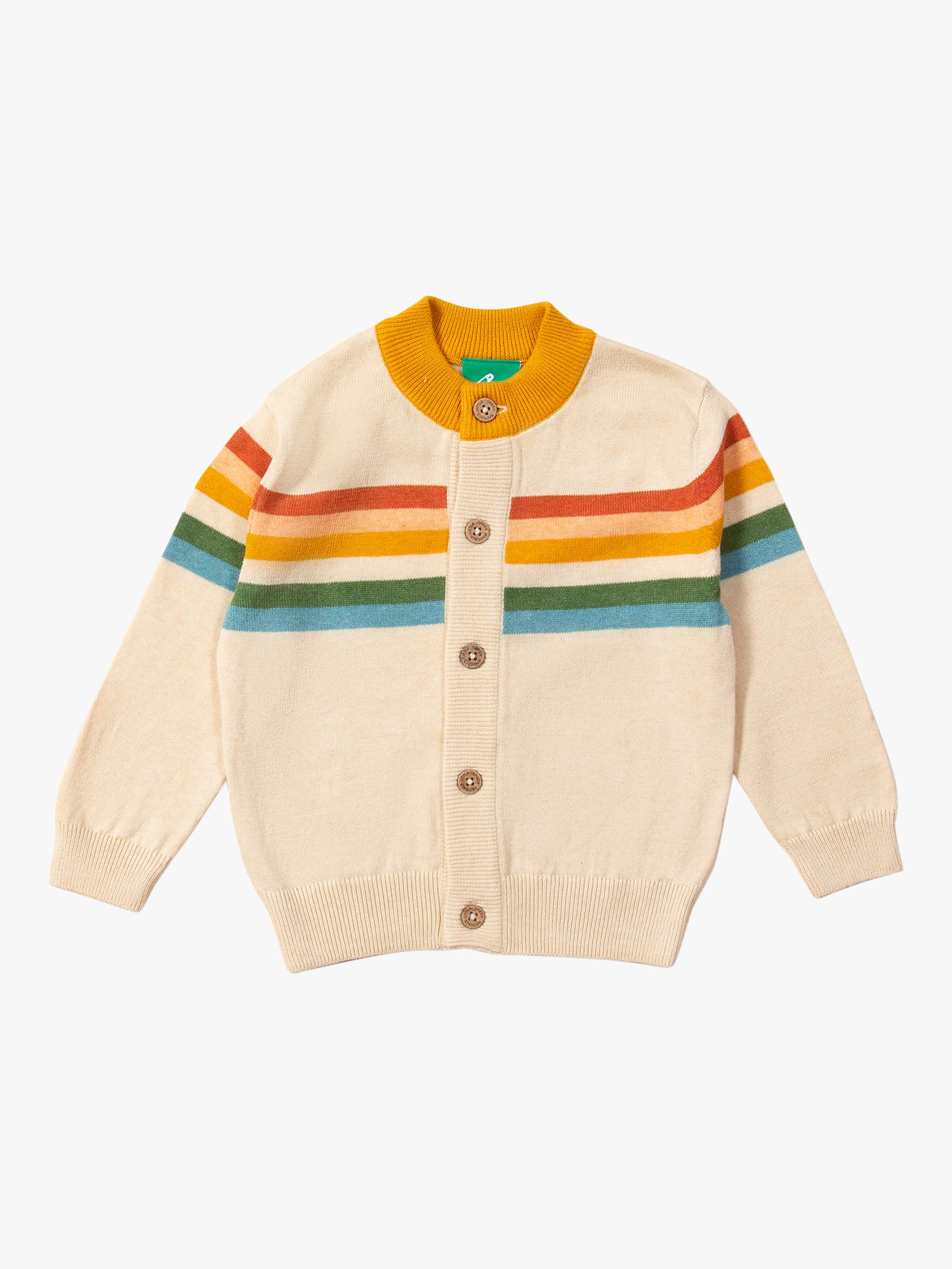 Little Green Radicals Baby Organic Cotton From One To Another Rainbow Stripe Knit Cardigan, Oatmeal, 4-5 years