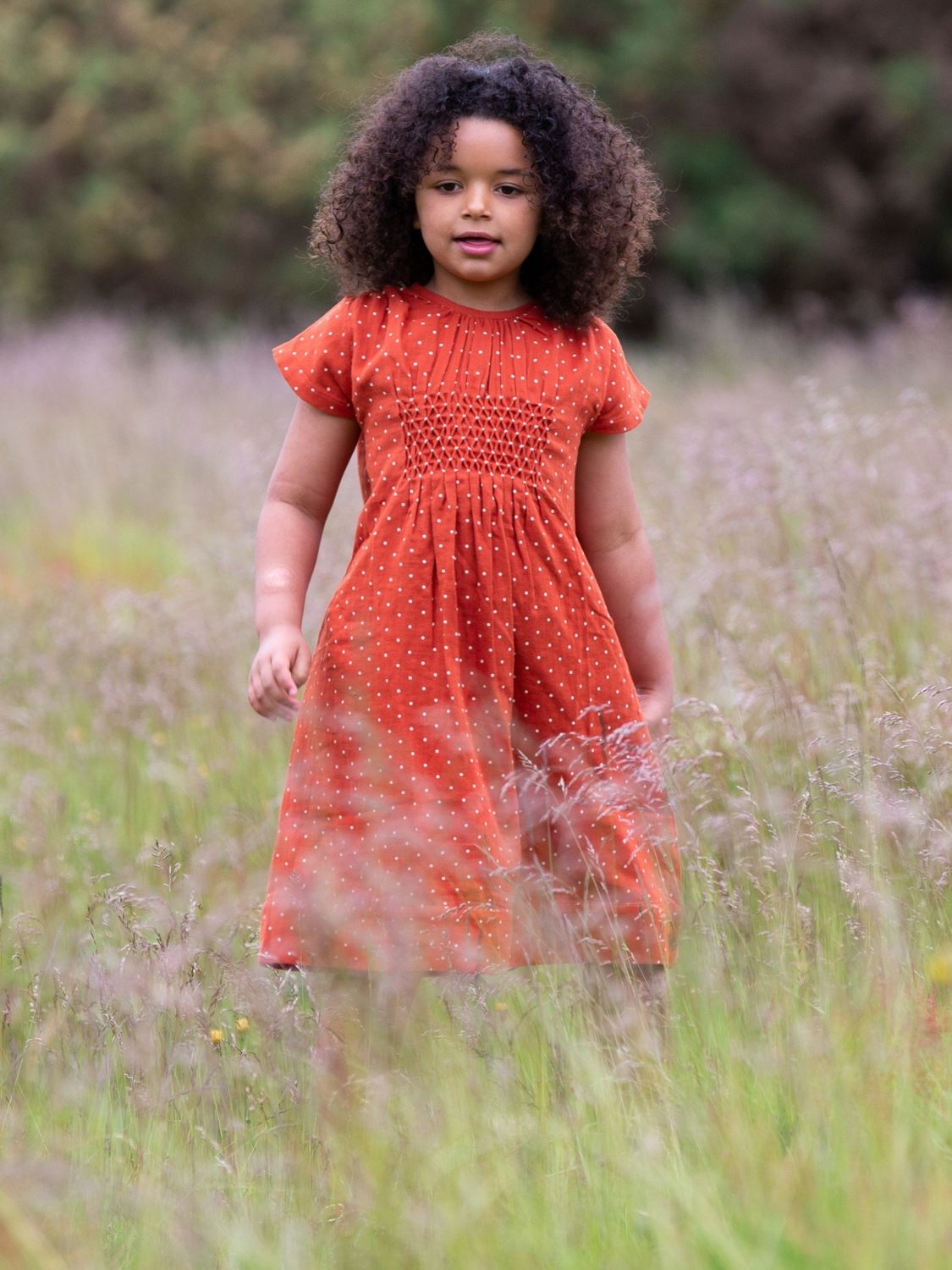 Little Green Radicals Kids' Organic Cotton Polkadot Smocked Dress, Walnut, 5-6 years