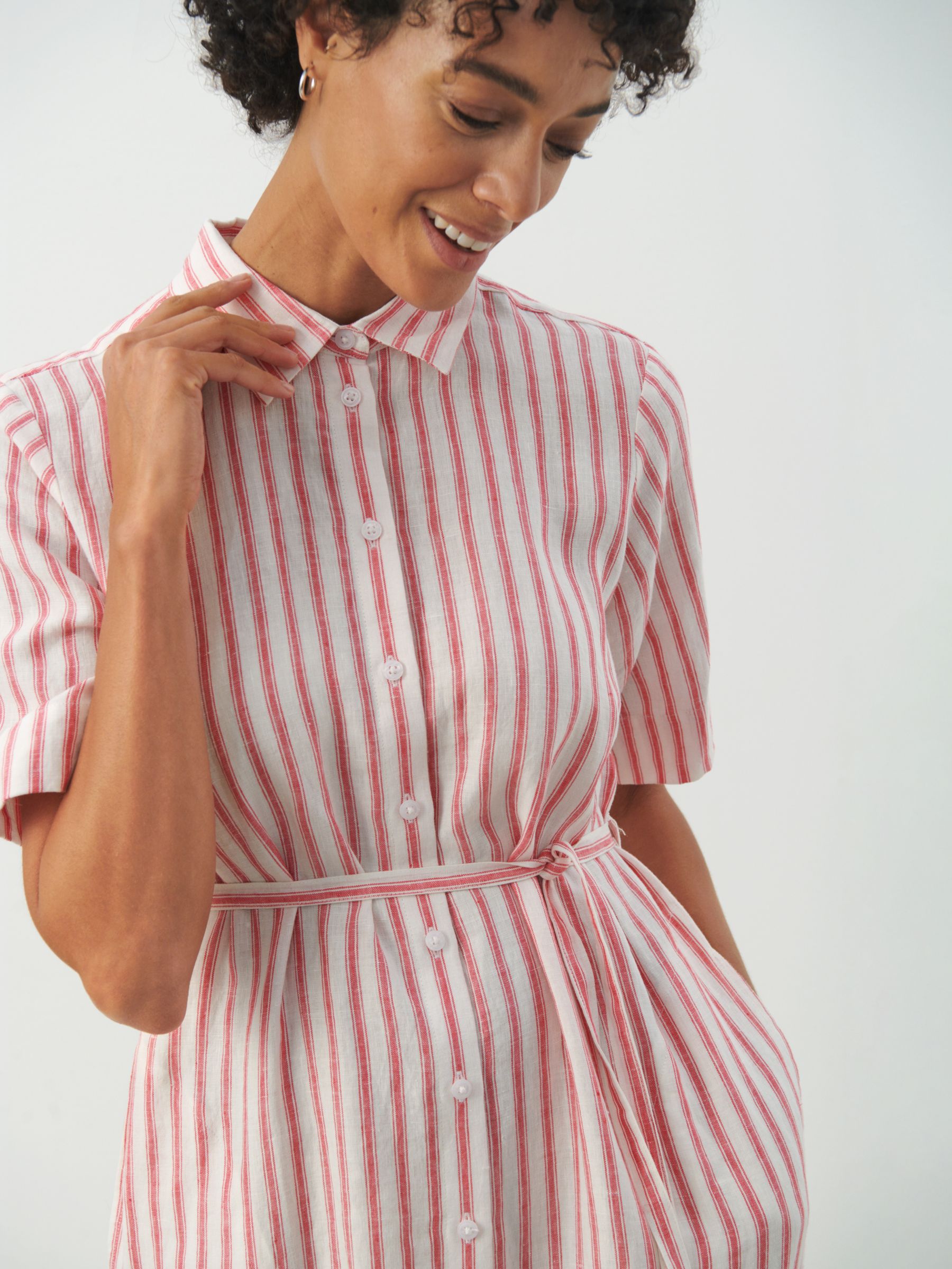 Part Two Emmalou Linen Short Sleeve Shirt Dress, Claret Red Stripe, 8