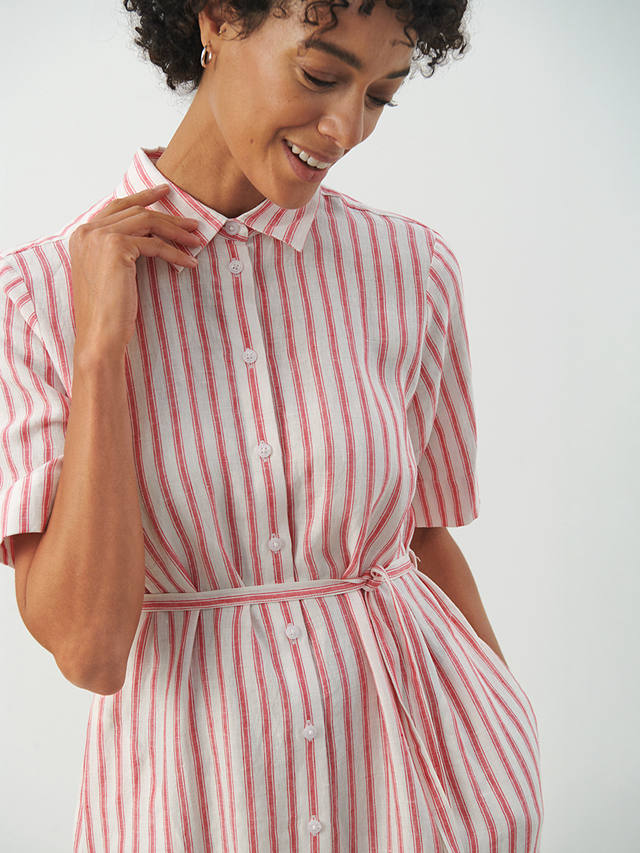 Part Two Emmalou Linen Short Sleeve Shirt Dress, Claret Red Stripe