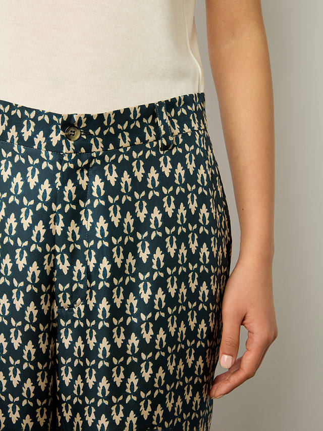 Gerard Darel Chanael Leaf Print Wide Leg Silk Trousers, Navy/Ecru