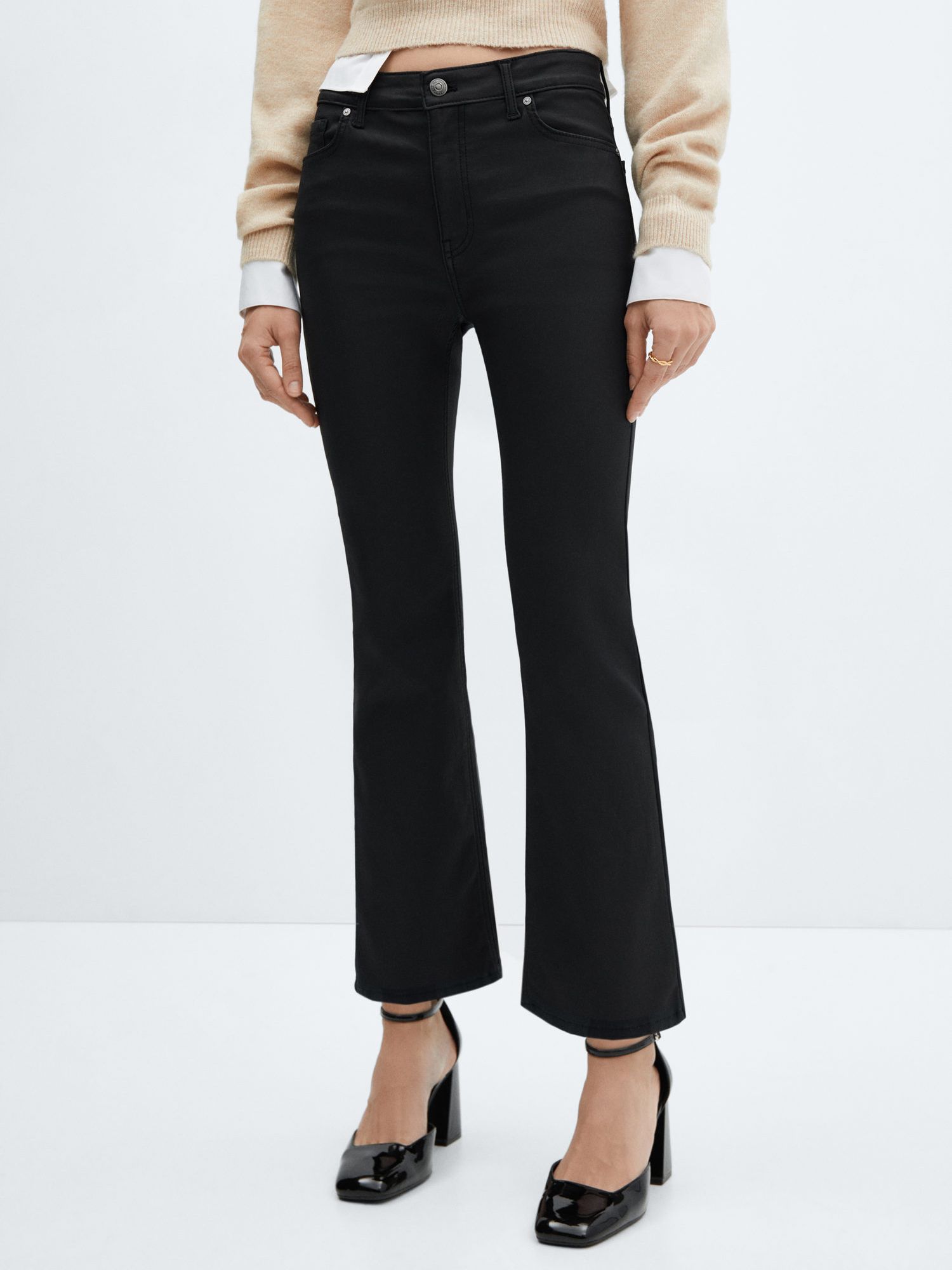 Mango Sienna Waxed Flared Cropped Jeans, Black at John Lewis & Partners