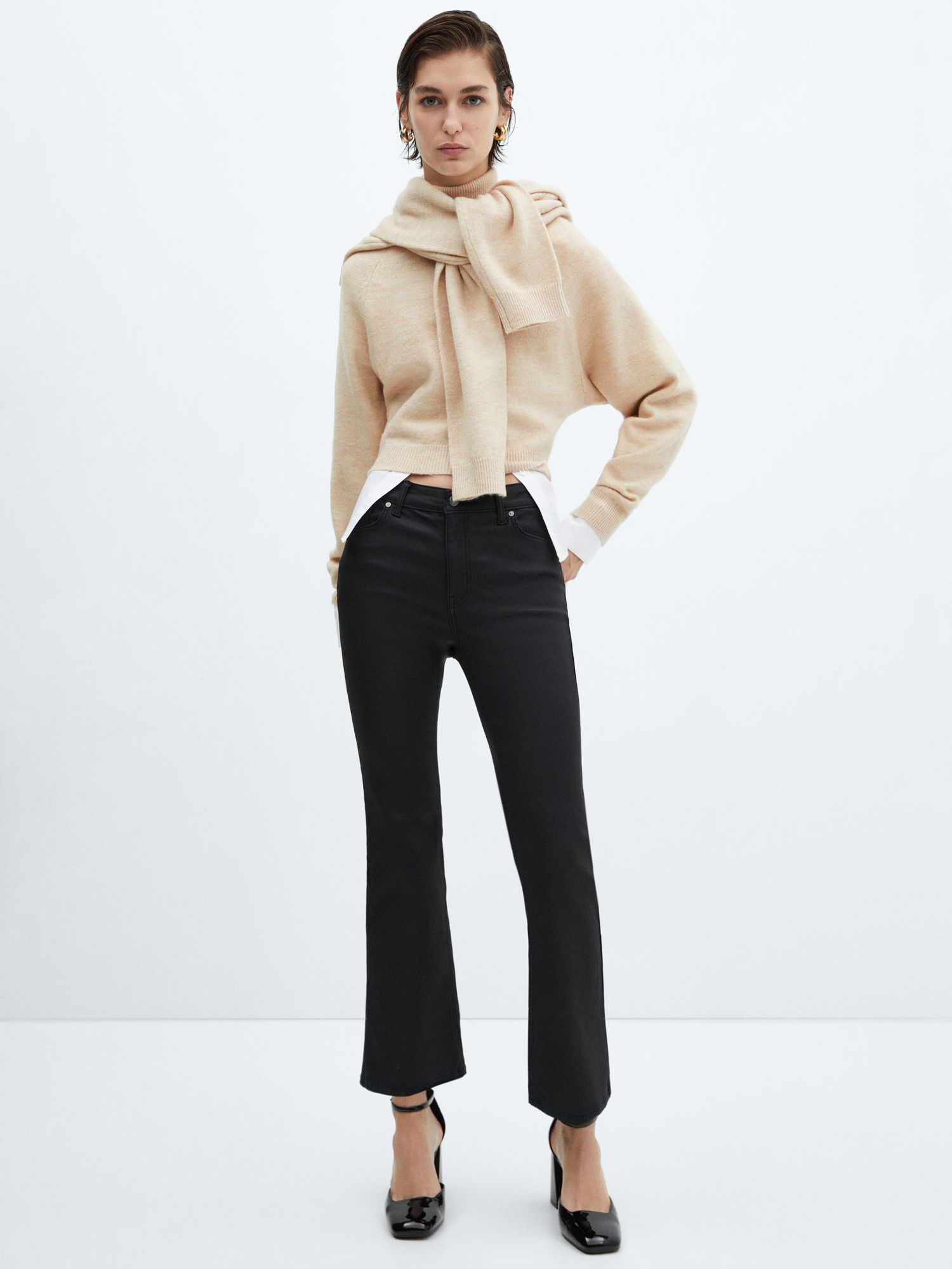Buy Mango Sienna Waxed Flared Cropped Jeans, Black Online at johnlewis.com