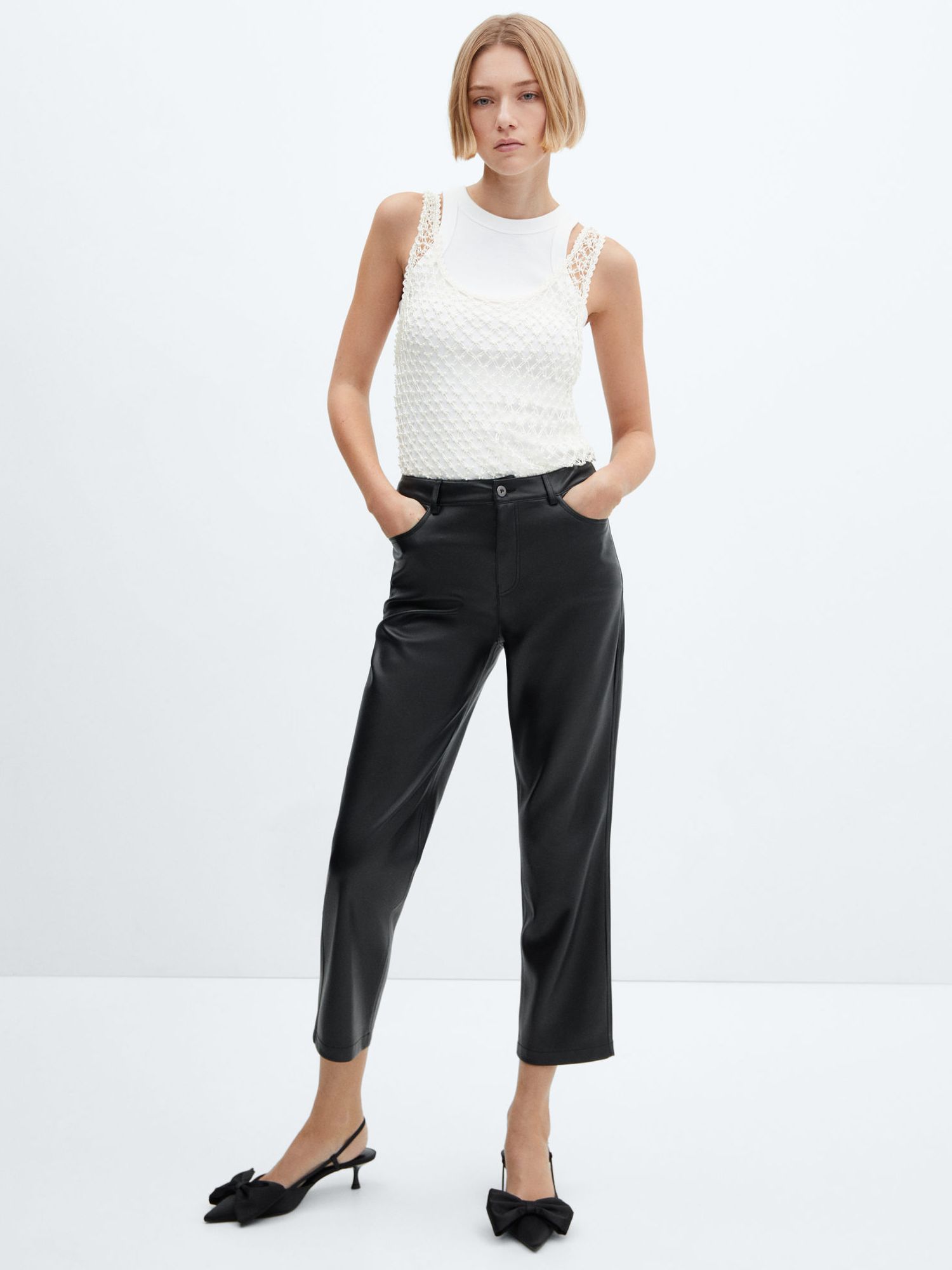 Mango Lille Leather Effect Straight Trousers, Black at John Lewis ...