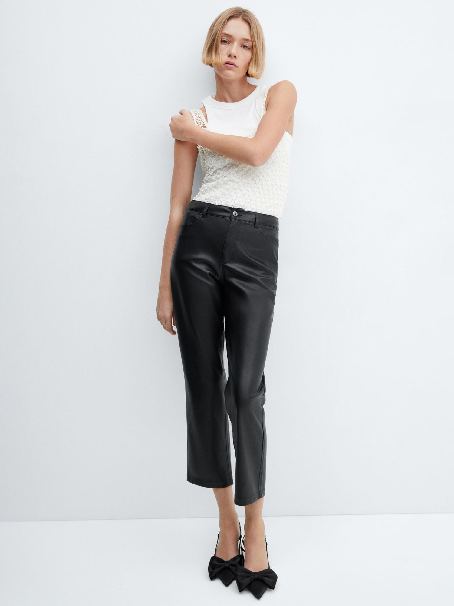 Mango Lille Leather Effect Straight Trousers, Black, 10