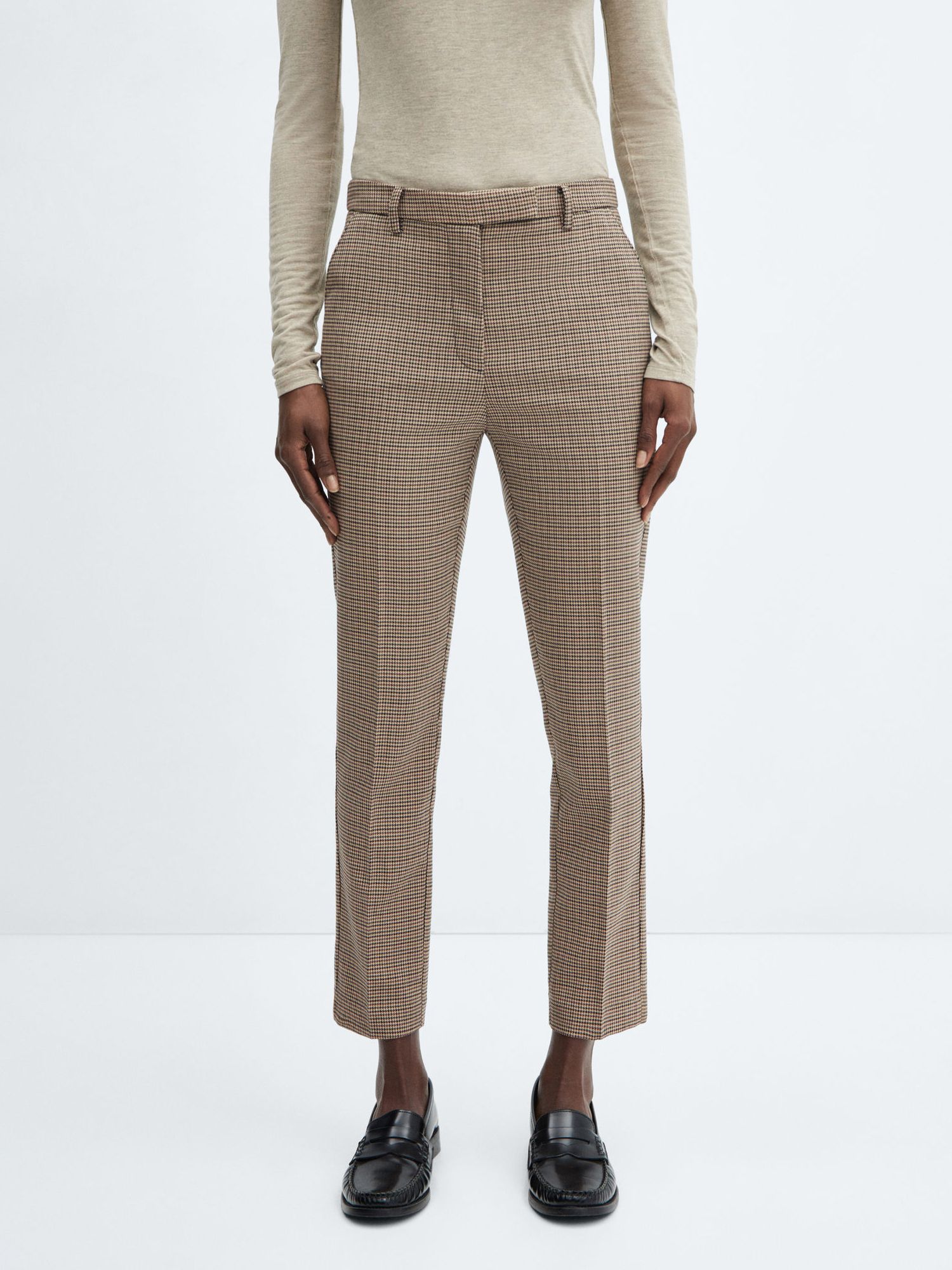 Mango Micro Houndstooth Cropped Tailored Trousers, Beige/Multi, 8