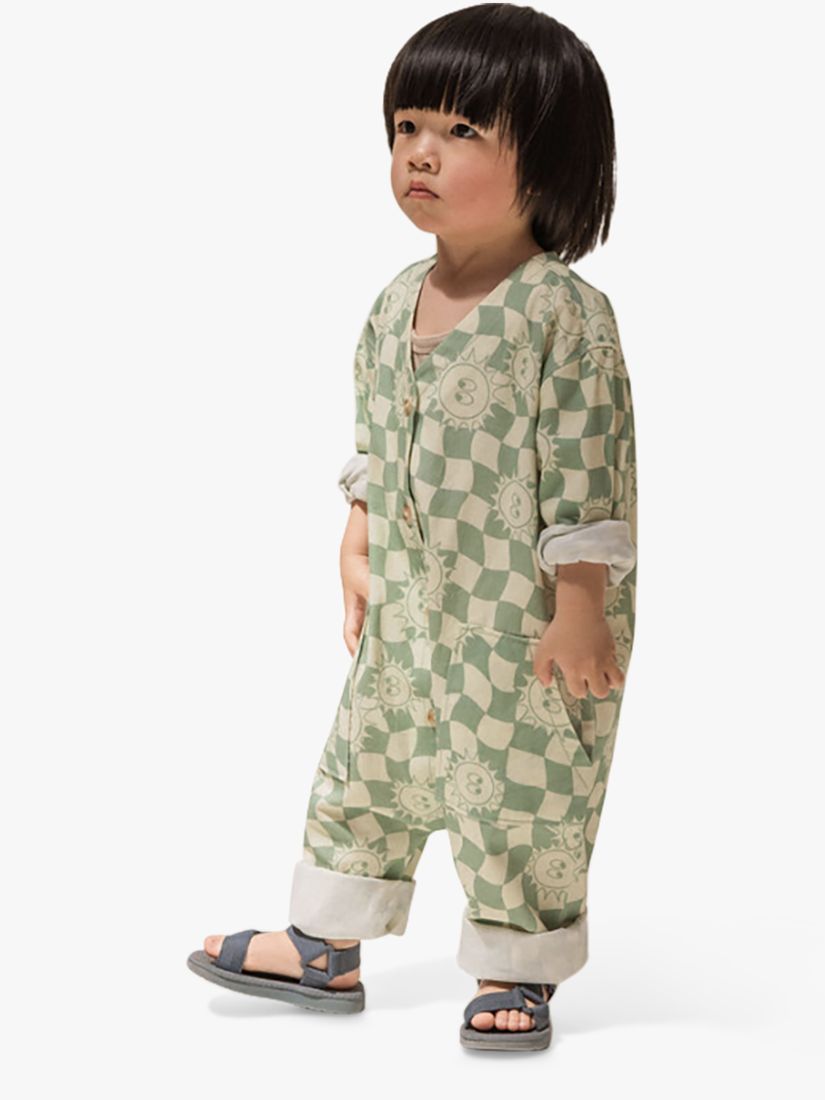 Claude & Co Baby Organic Cotton Checkerboard & Sun-Kissed Print Overalls, Sage, 3-4 years