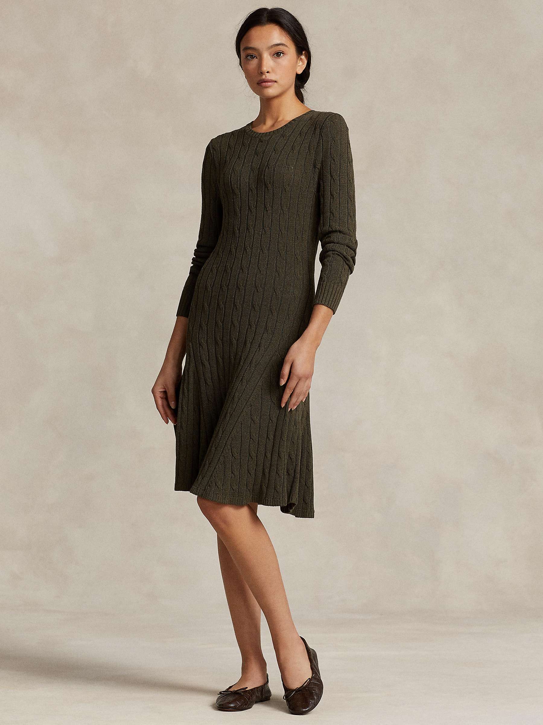 Buy Polo Ralph Lauren Cable Knit Flared Jumper Dress, Khaki Online at johnlewis.com
