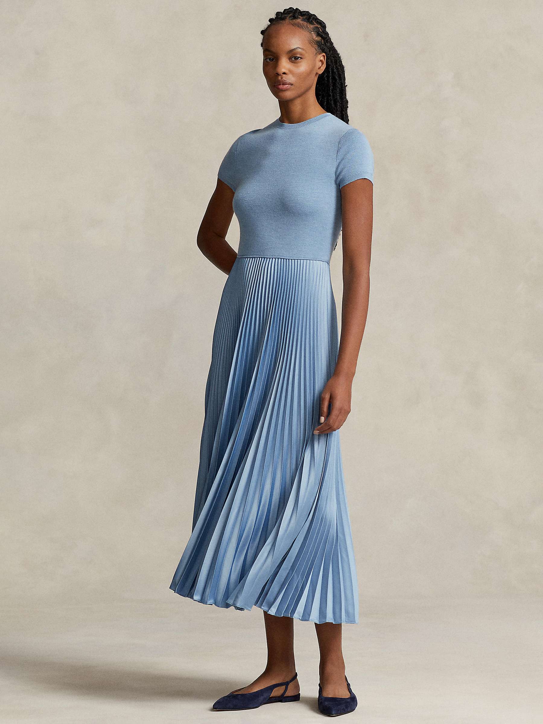 Buy Polo Ralph Lauren Gloria Knit Bodice Pleated Dress, Light Blue Online at johnlewis.com