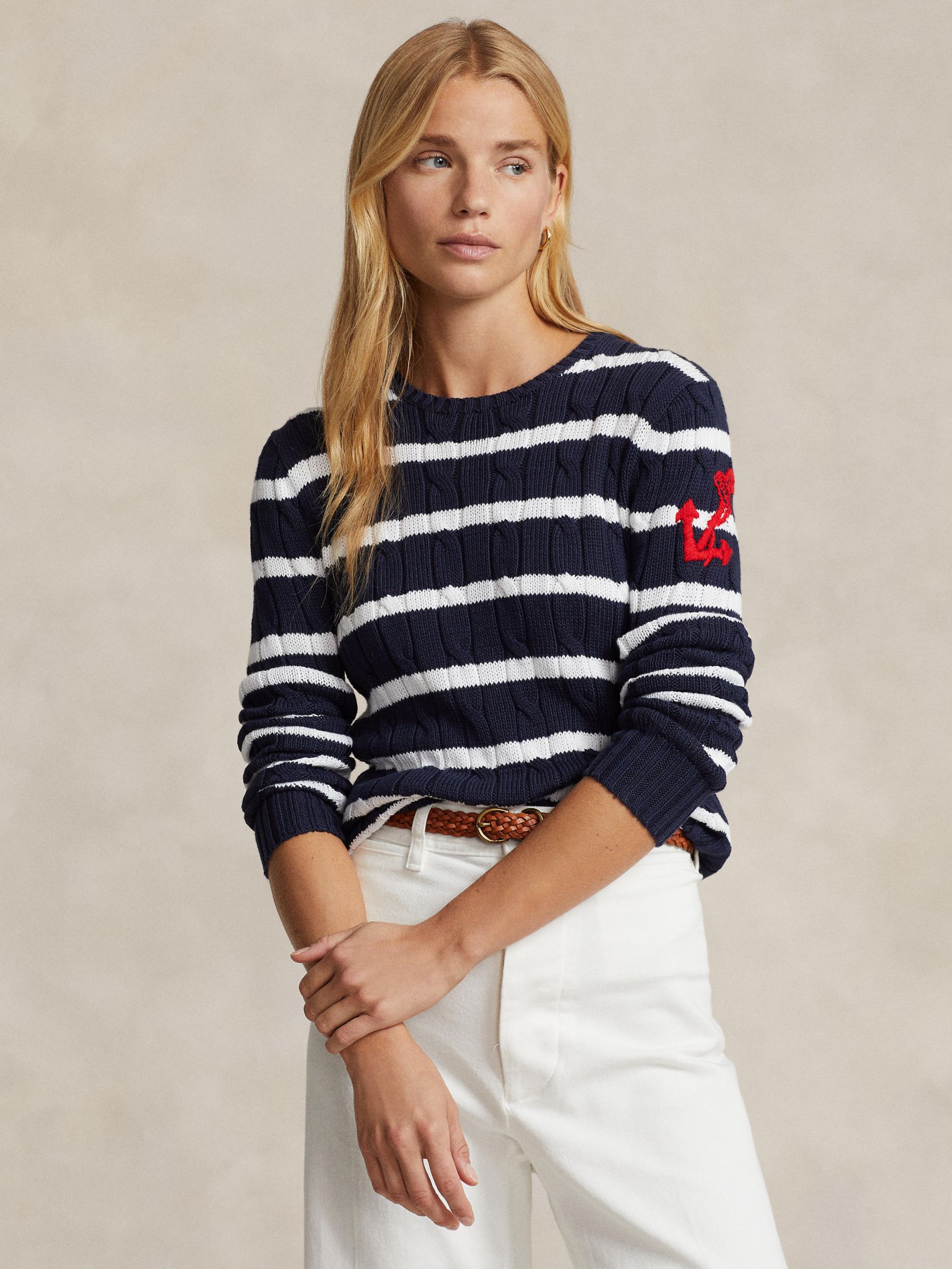 Polo Ralph Lauren Stripe Anchor Embroidered Cable Knit Jumper, Navy ...