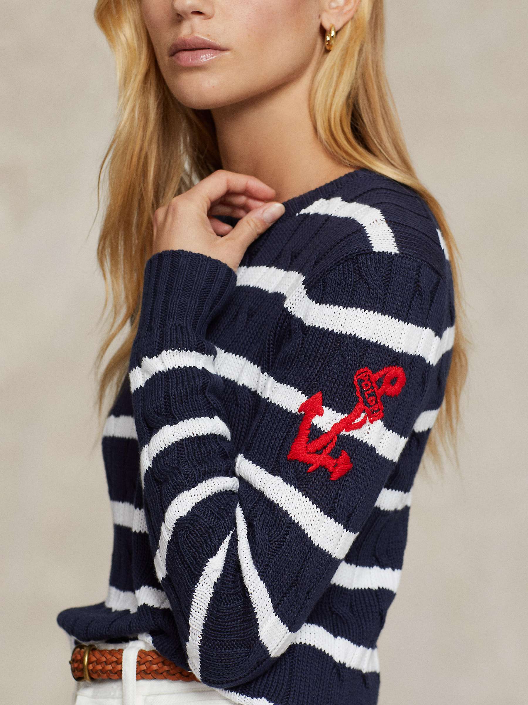 Buy Polo Ralph Lauren Stripe Anchor Embroidered Cable Knit Jumper, Navy/Multi Online at johnlewis.com