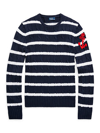 Polo Ralph Lauren Stripe Anchor Embroidered Cable Knit Jumper, Navy/Multi