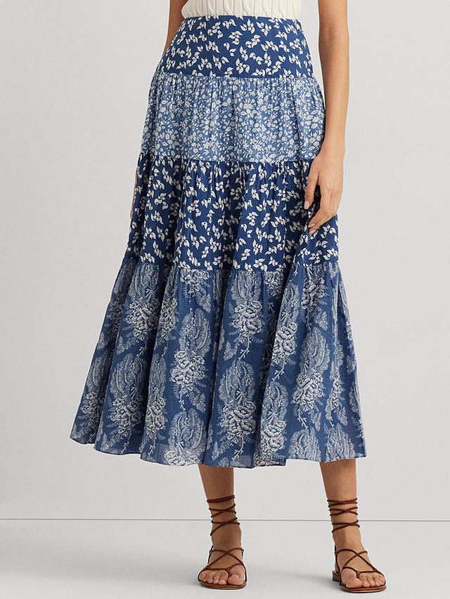 Lauren Ralph Lauren Pauldina Patchwork Floral Tiered Maxi Skirt, Blue/Multi