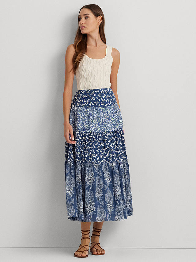 Lauren Ralph Lauren Pauldina Patchwork Floral Tiered Maxi Skirt, Blue/Multi