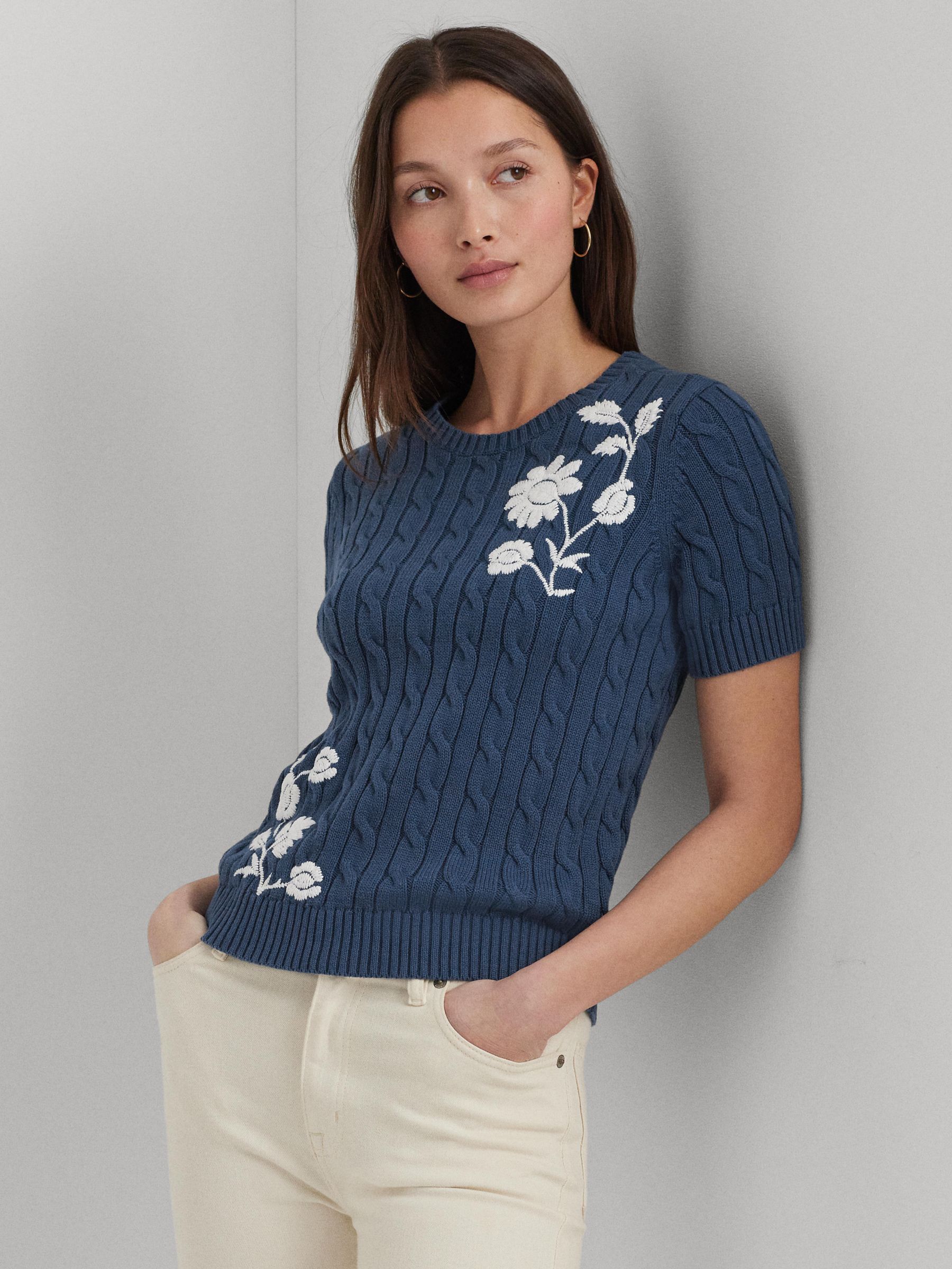 Buy Lauren Ralph Lauren Tazsae Embroidered Cable Knit Short Sleeve Jumper, Blue Online at johnlewis.com