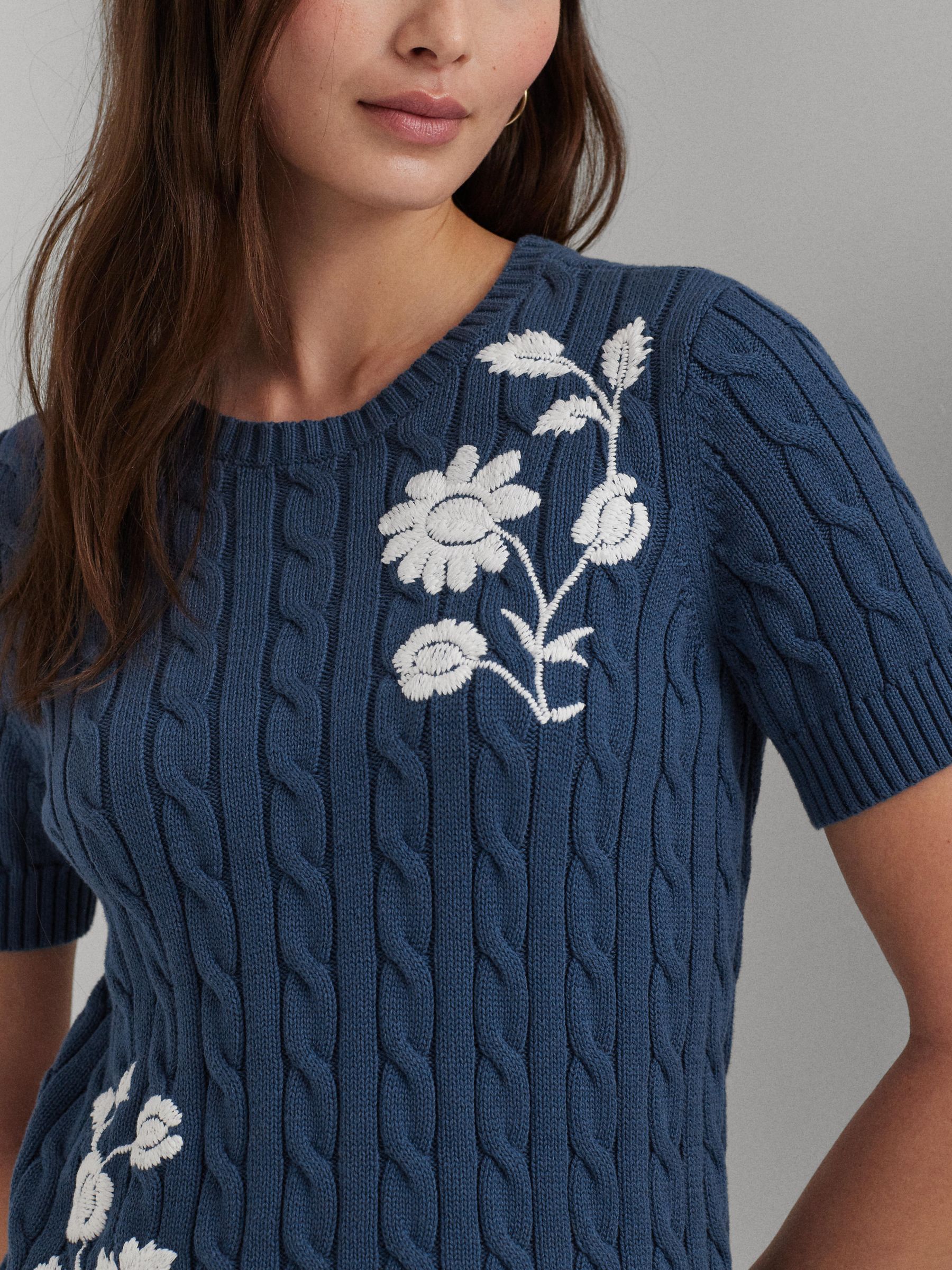 Buy Lauren Ralph Lauren Tazsae Embroidered Cable Knit Short Sleeve Jumper, Blue Online at johnlewis.com