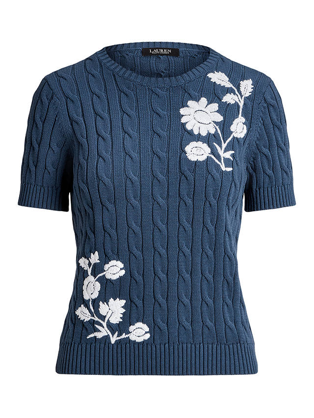 Lauren Ralph Lauren Tazsae Embroidered Cable Knit Short Sleeve Jumper, Blue