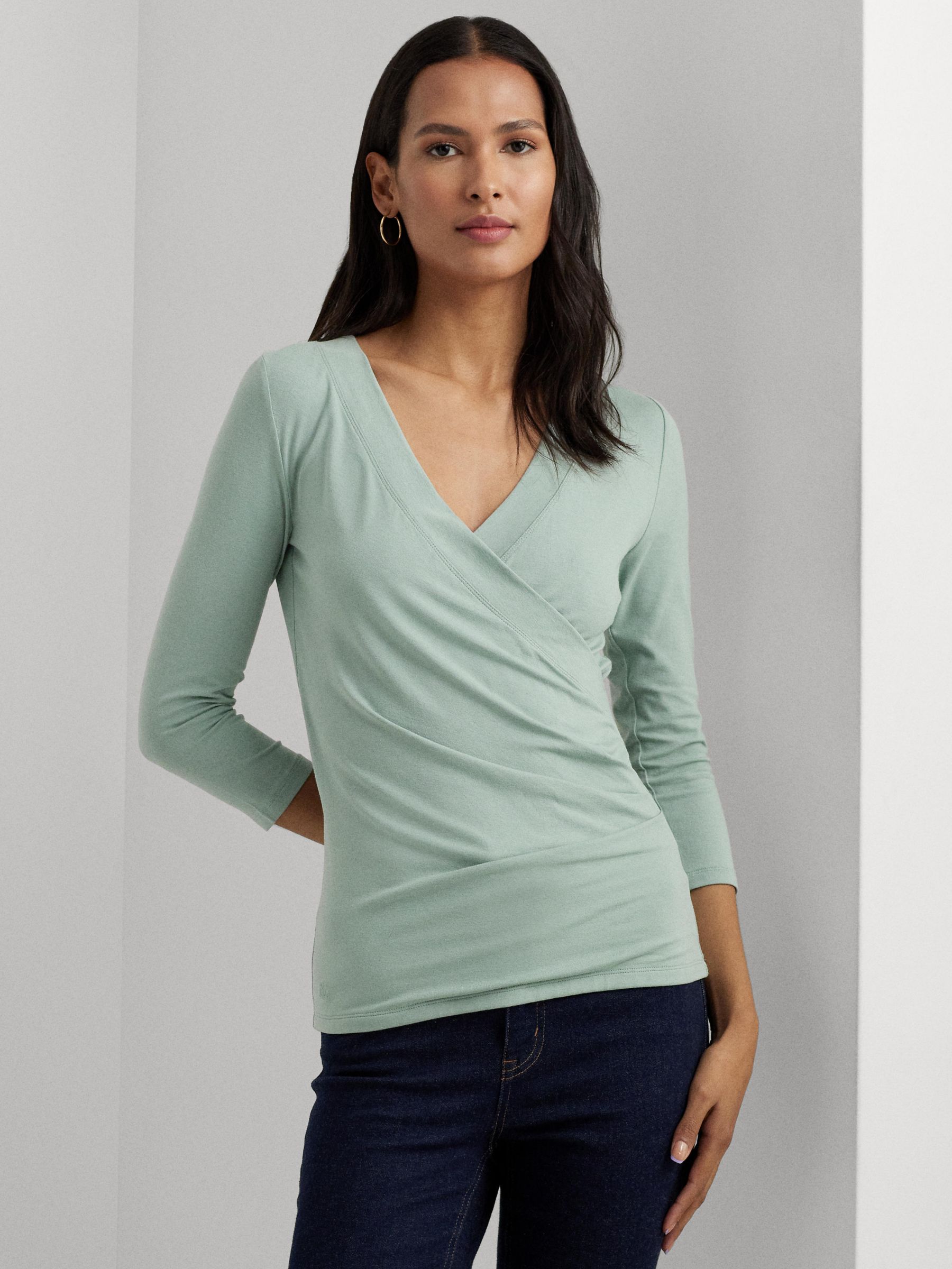 Lauren Ralph Lauren Alayja 3/4 Sleeve Wrap Jersey Top, Light Blue at John  Lewis & Partners