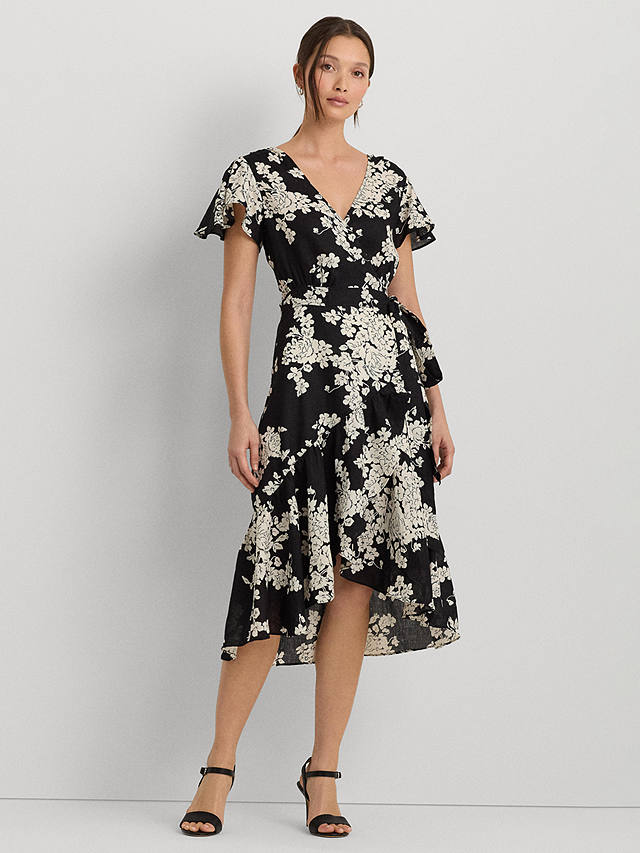 Lauren Ralph Lauren Belforette Rose Print Linen Wrap Dress, Black/Multi