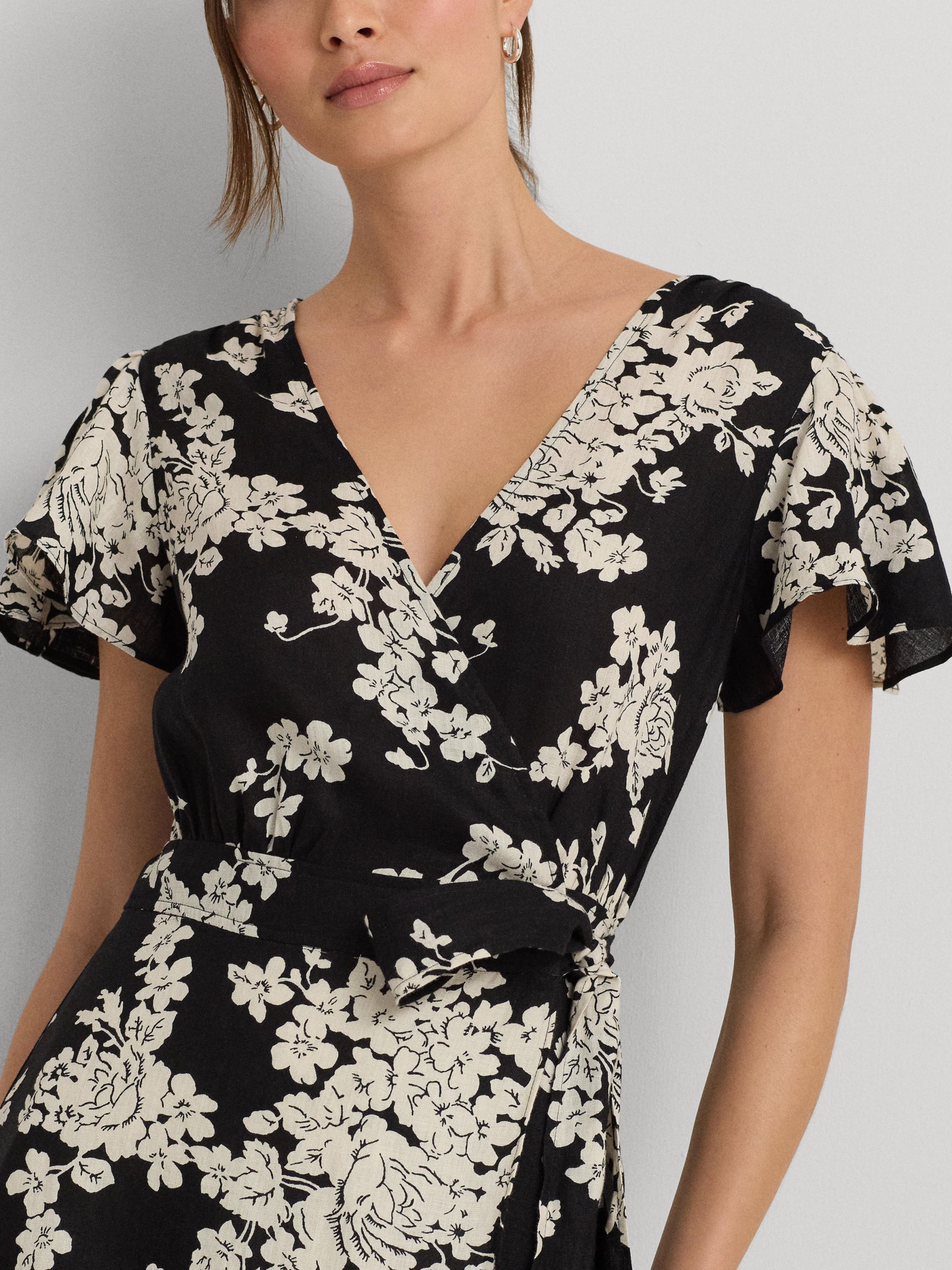 Lauren Ralph Lauren Belforette Rose Print Wrap Dress, Black/Multi, 10