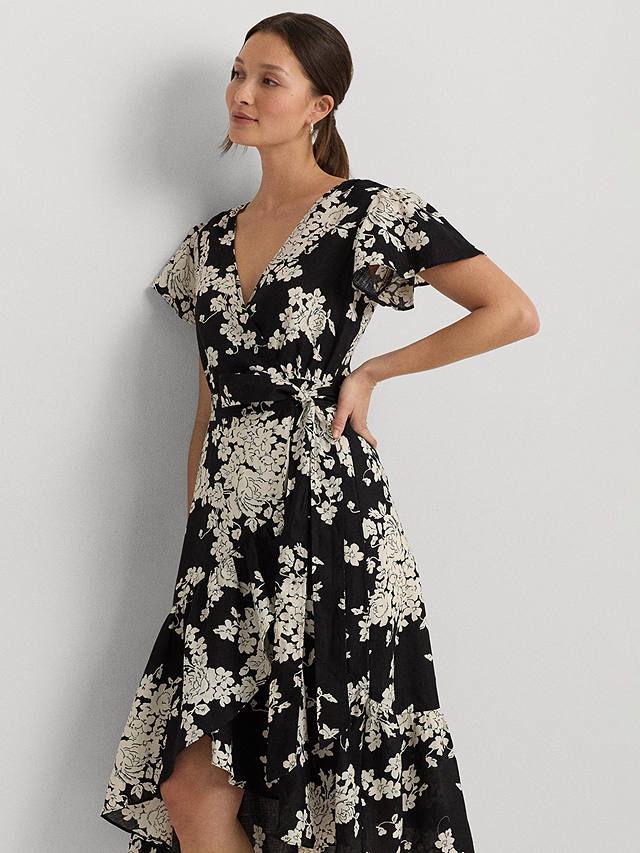 Lauren Ralph Lauren Belforette Rose Print Linen Wrap Dress, Black/Multi