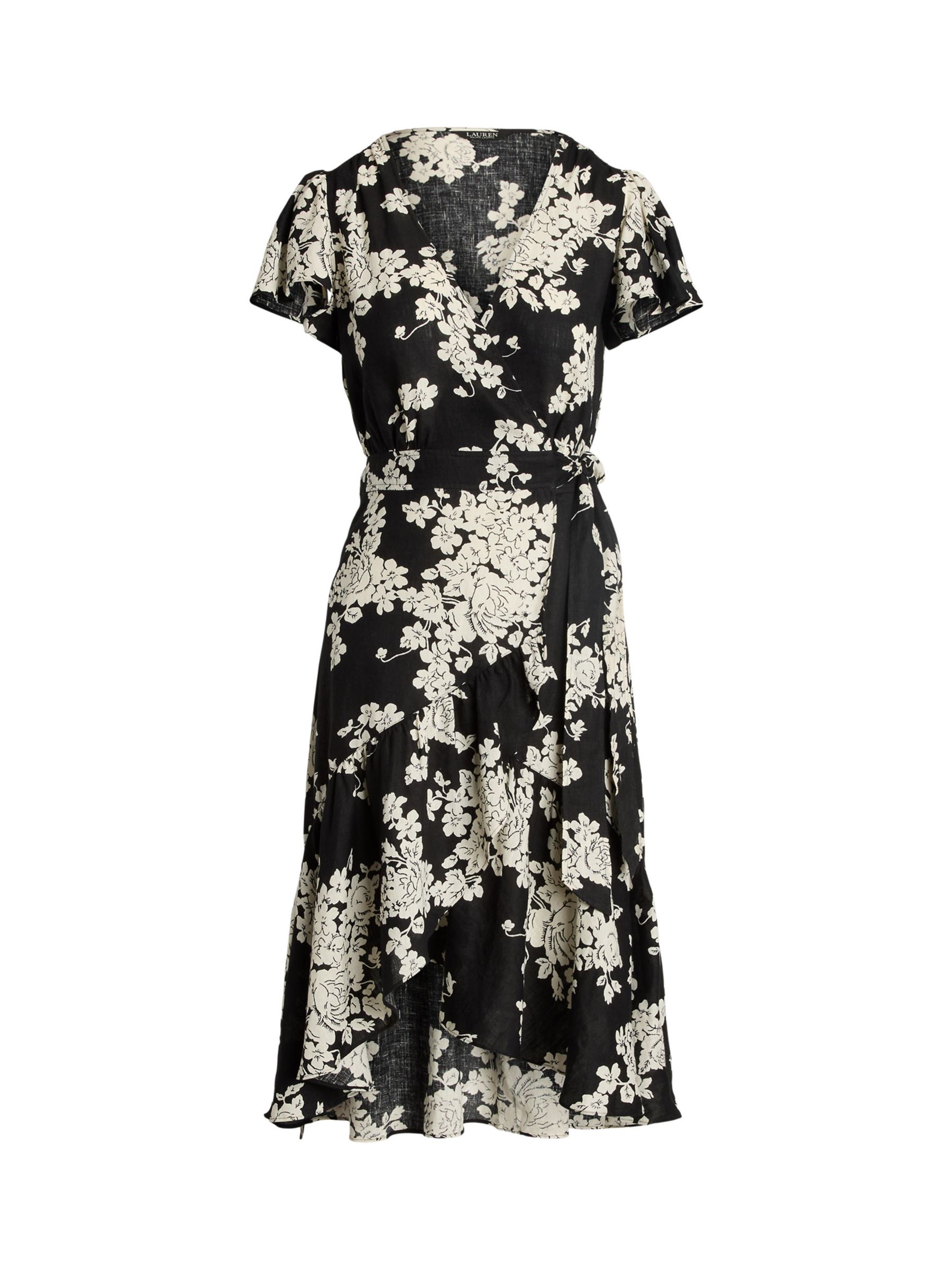 Lauren Ralph Lauren Belforette Rose Print Linen Wrap Dress, Black/Multi ...