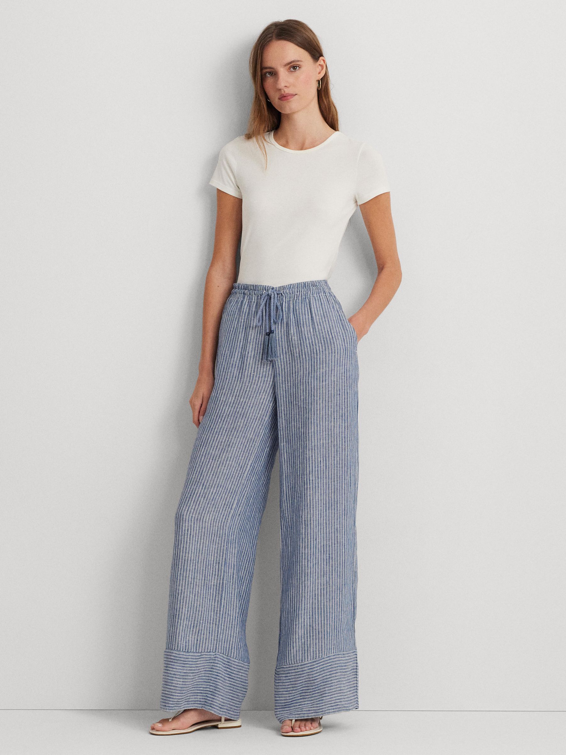 Lauren Ralph Lauren Ziakash Stripe Linen Blend Trousers, Blue/Multi, XXS