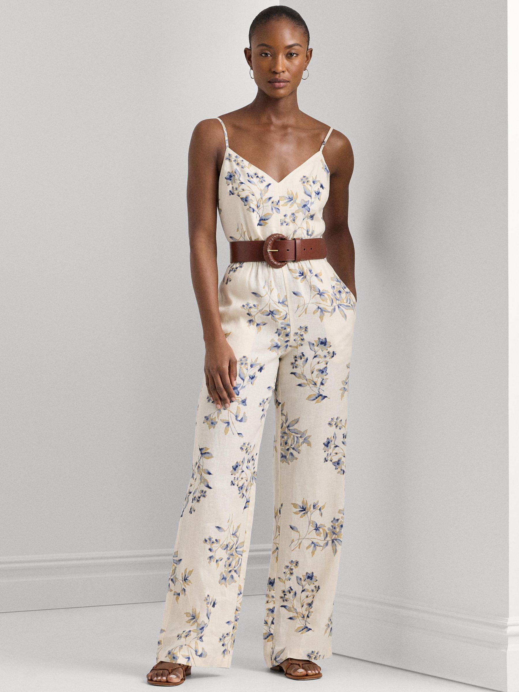 Lauren Ralph Lauren Strafannie Floral Print Linen Blend Jumpsuit, Cream/Blue, 22