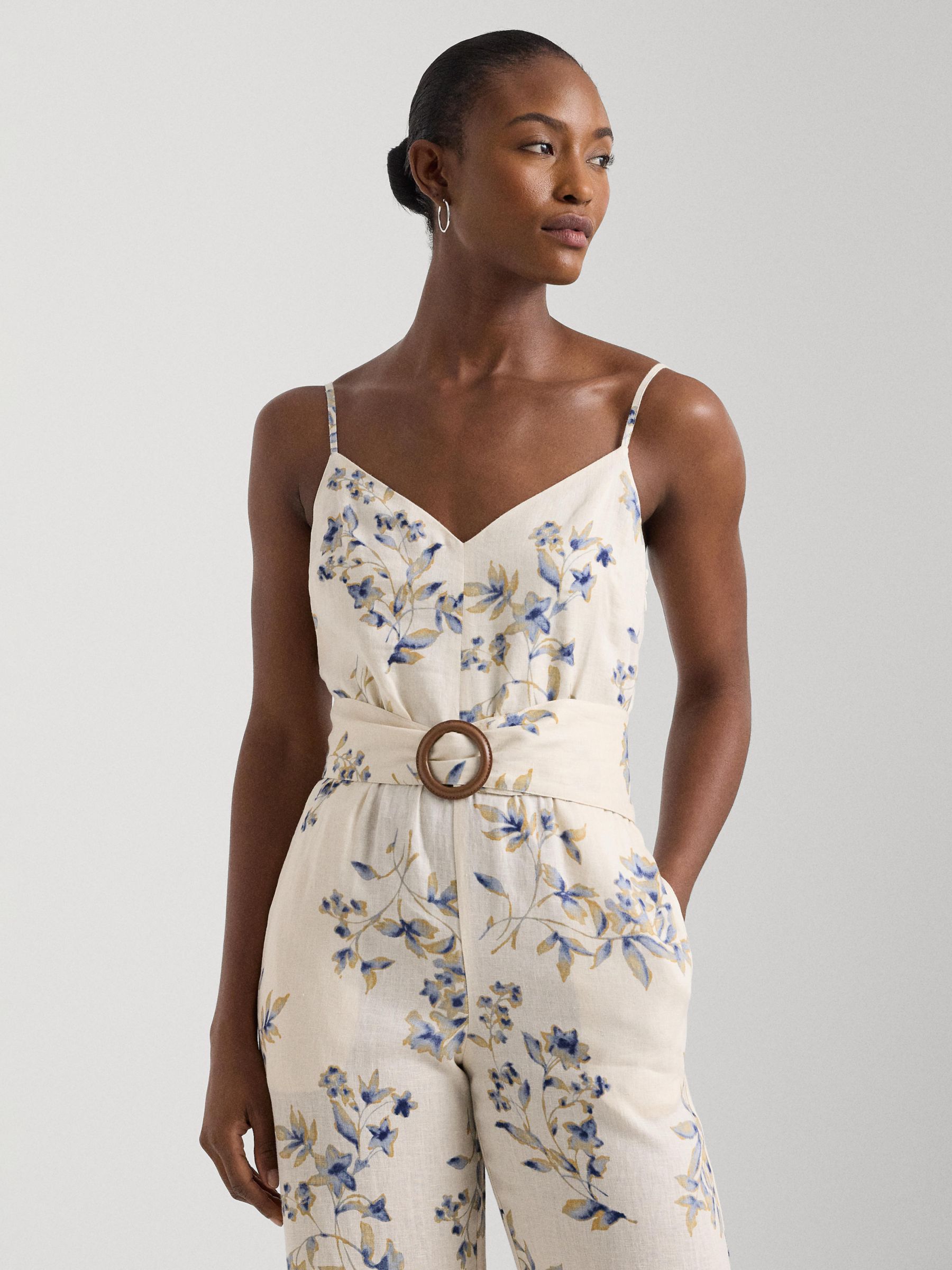 Lauren Ralph Lauren Strafannie Floral Print Linen Blend Jumpsuit, Cream/Blue, 22