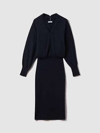 Reiss Petite Cashmere Blend V-neck Knitted Midi Dress, Navy