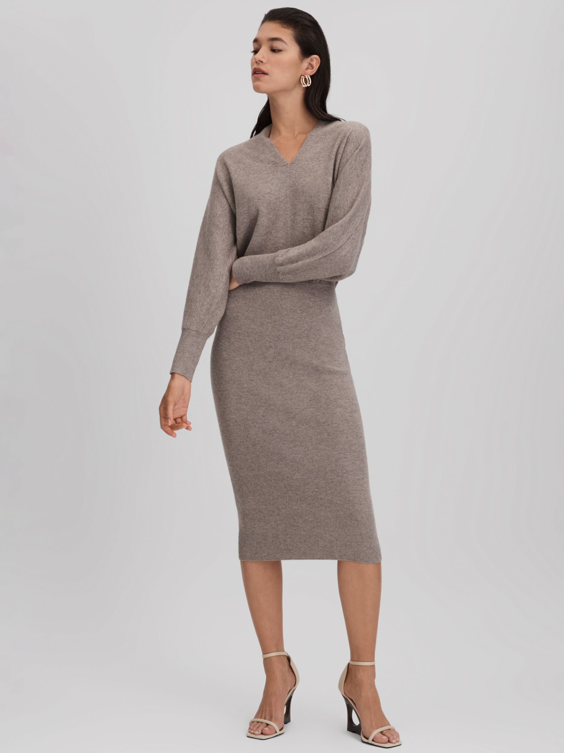 Reiss Petite Cashmere Blend V-neck Knitted Midi Dress, Neutral at John  Lewis & Partners