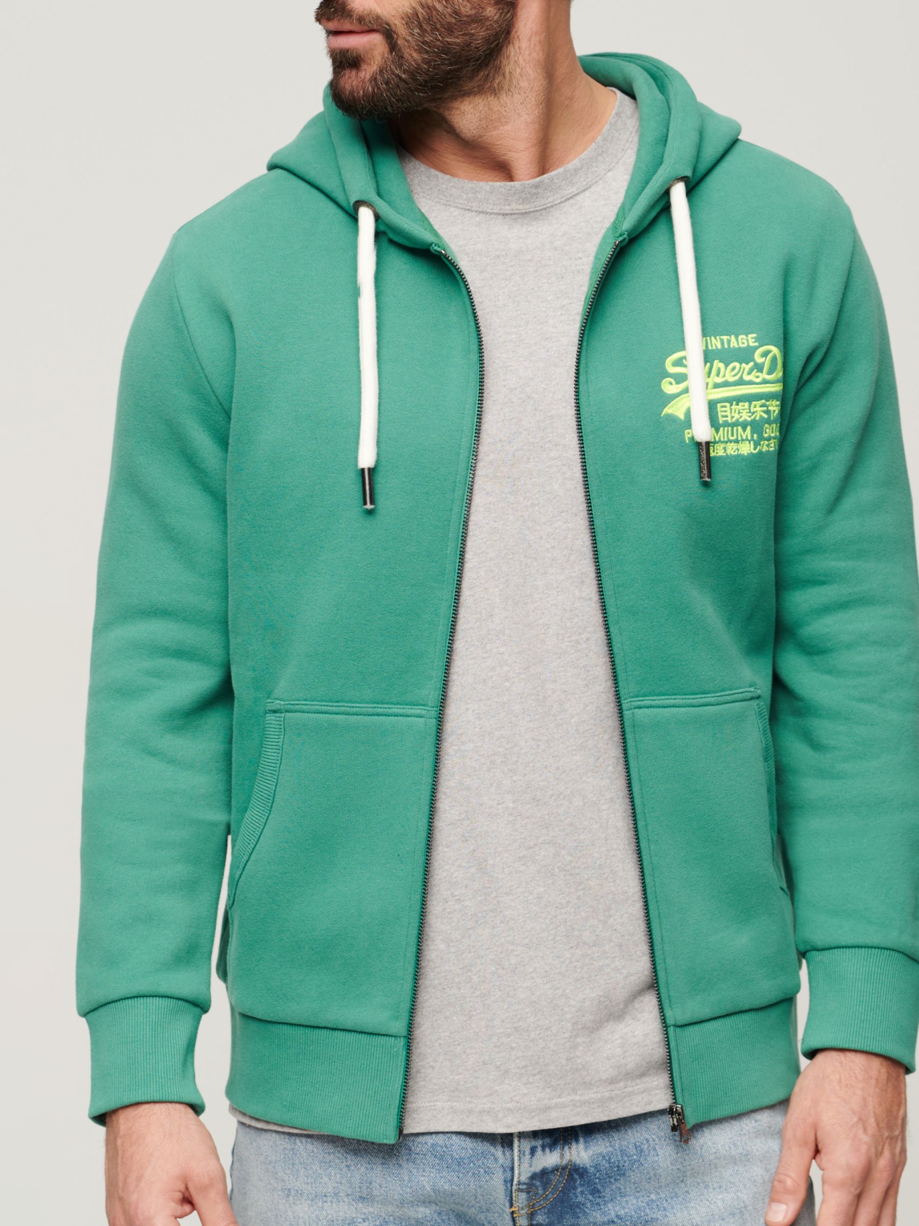 Superdry Neon Vintage Logo Zip Hoodie, Galvanised Green, S