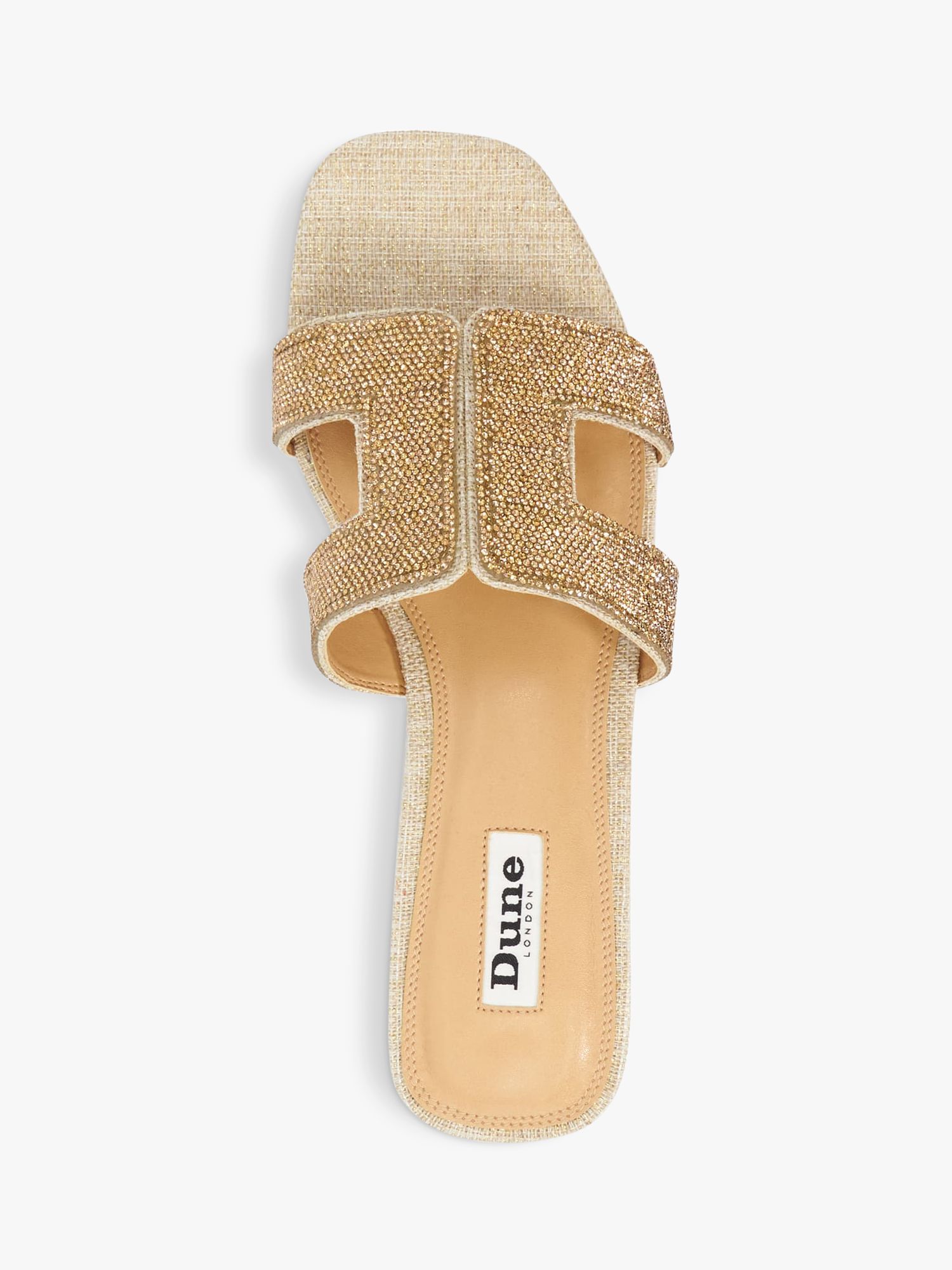Dune Loupe Crystal Embellished Fabric Slider Sandals, Gold, EU39