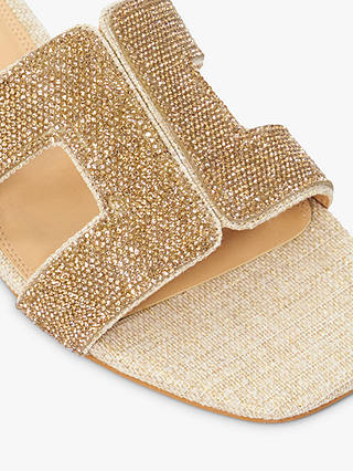 Dune Loupe Crystal Embellished Fabric Slider Sandals, Gold