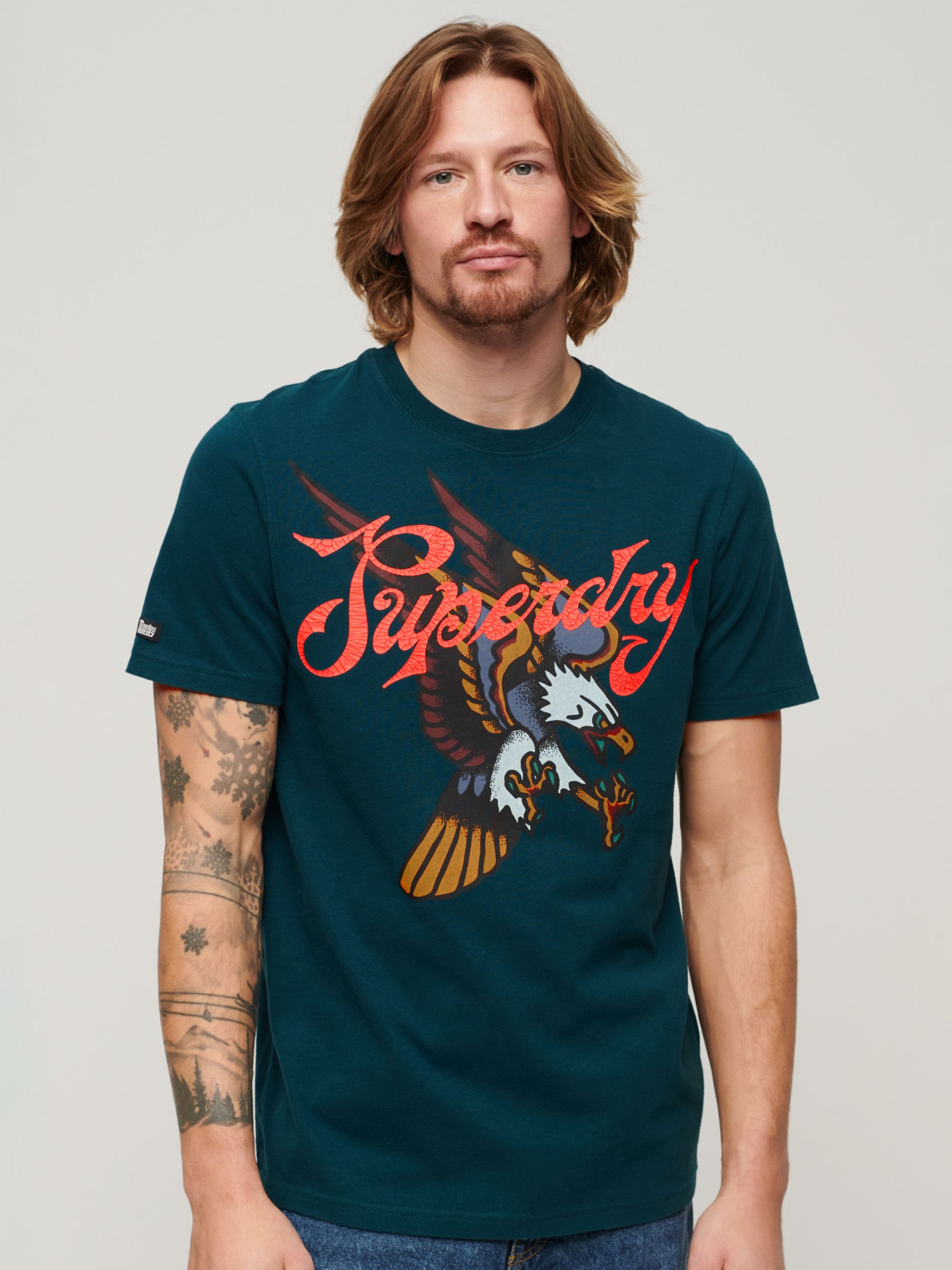 Superdry Tattoo Script Graphic T-Shirt, Deep Marine Green, XXXL