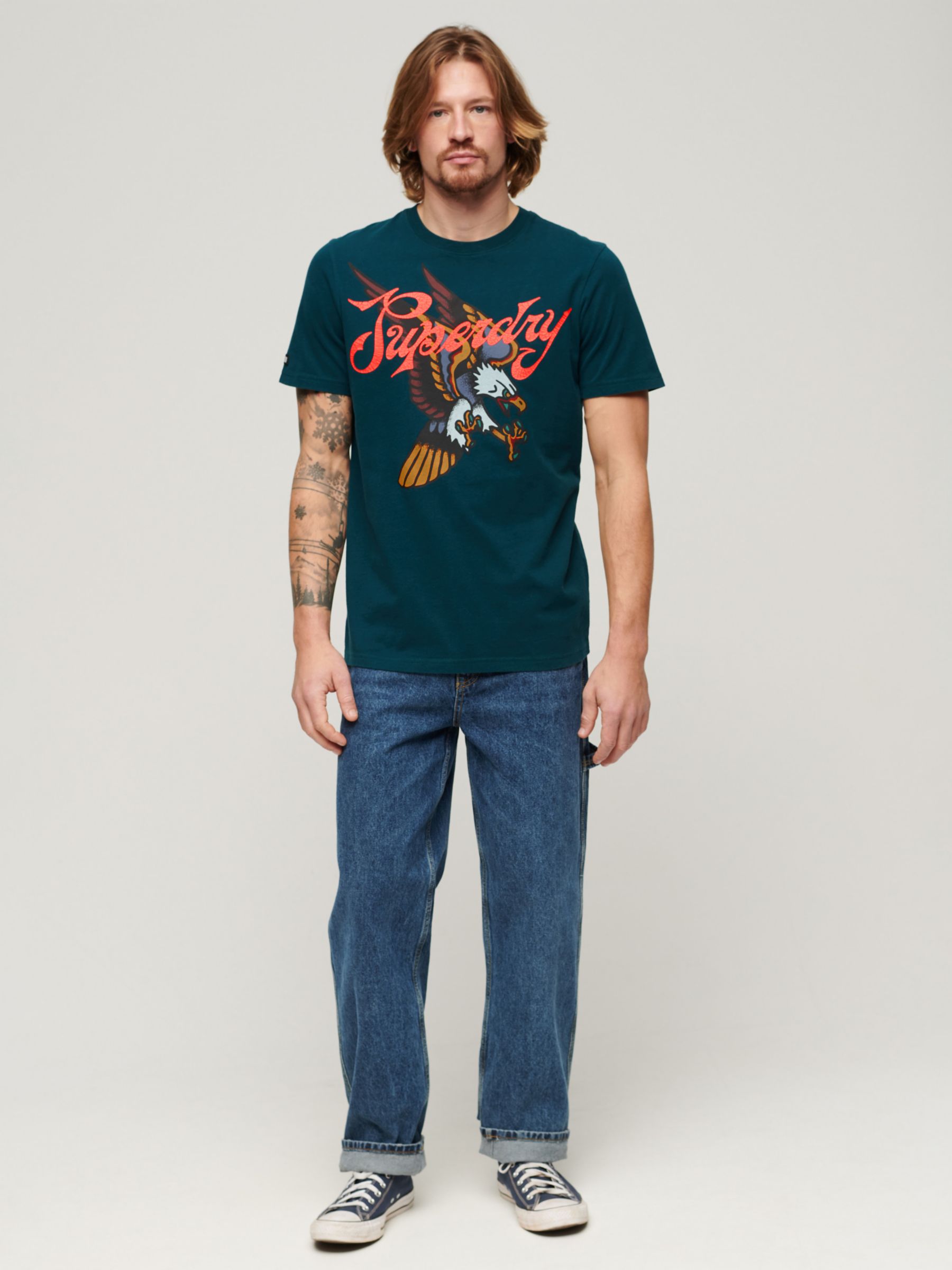 Superdry Tattoo Script Graphic T-Shirt, Deep Marine Green, XXXL