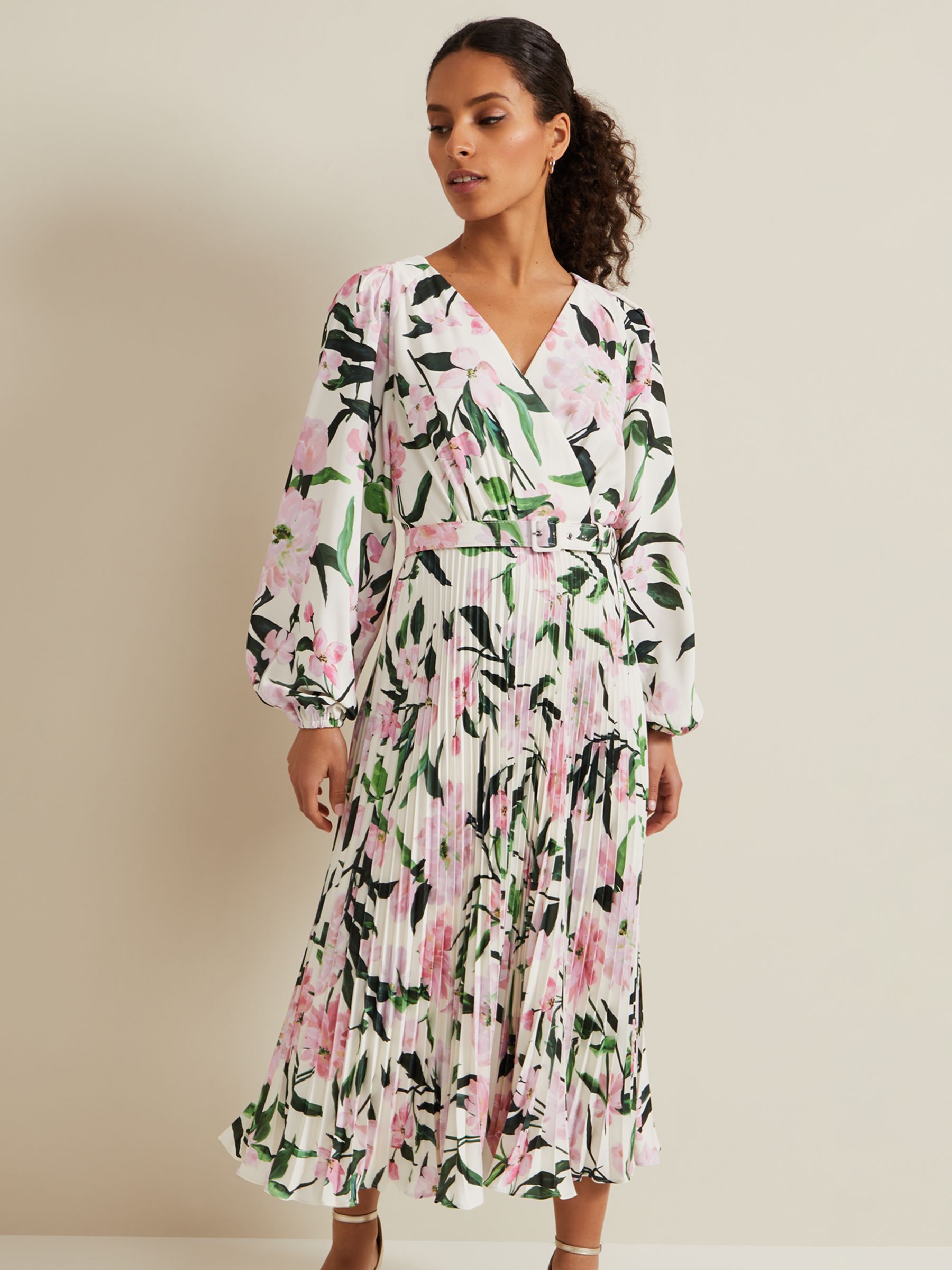 Buy Phase Eight Petite Penny Floral Pleated Midi Dress, White/Multi Online at johnlewis.com