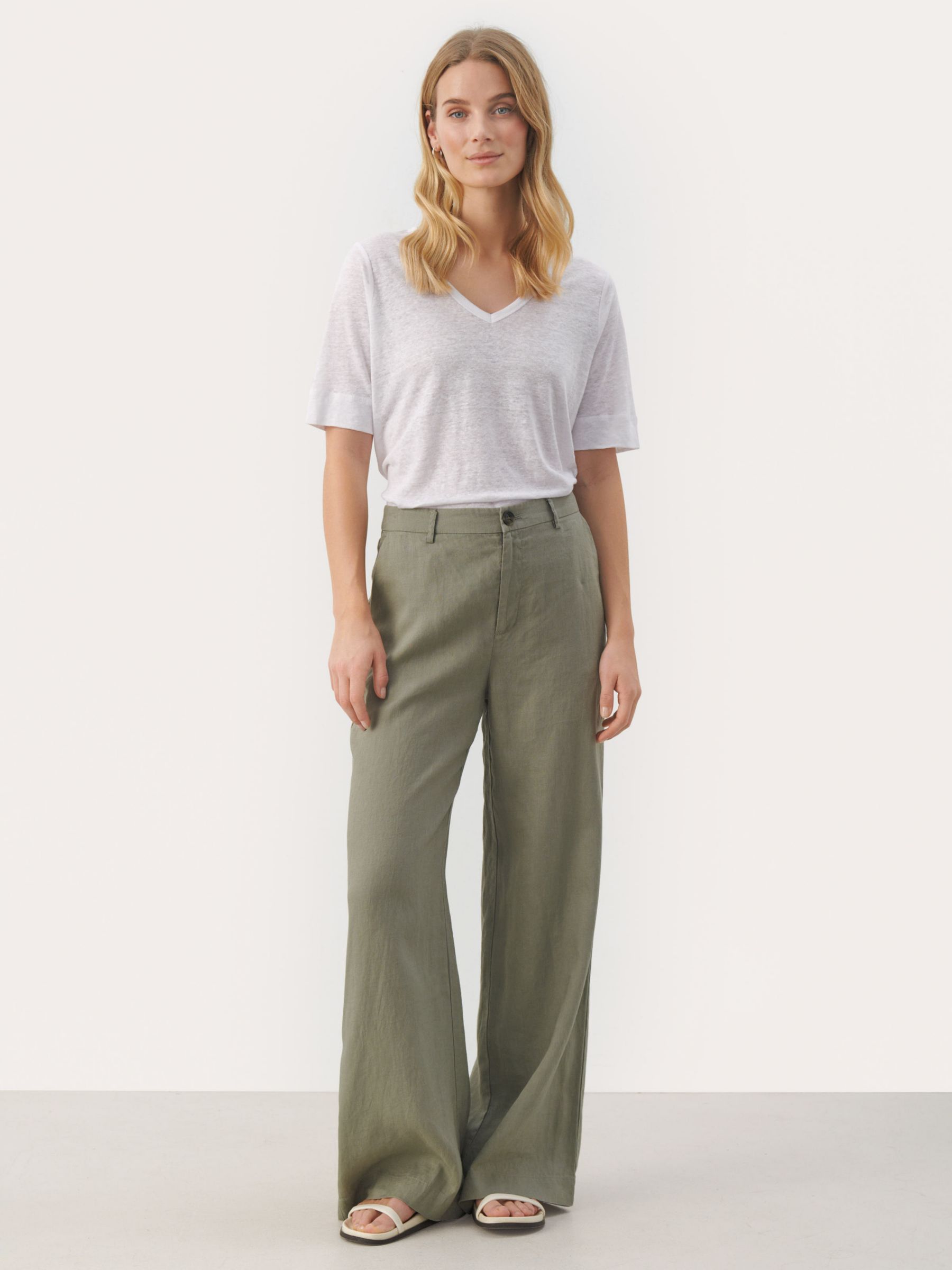 Part Two Ninnes Wide Leg Linen Trousers, Vetiver at John Lewis & Partners