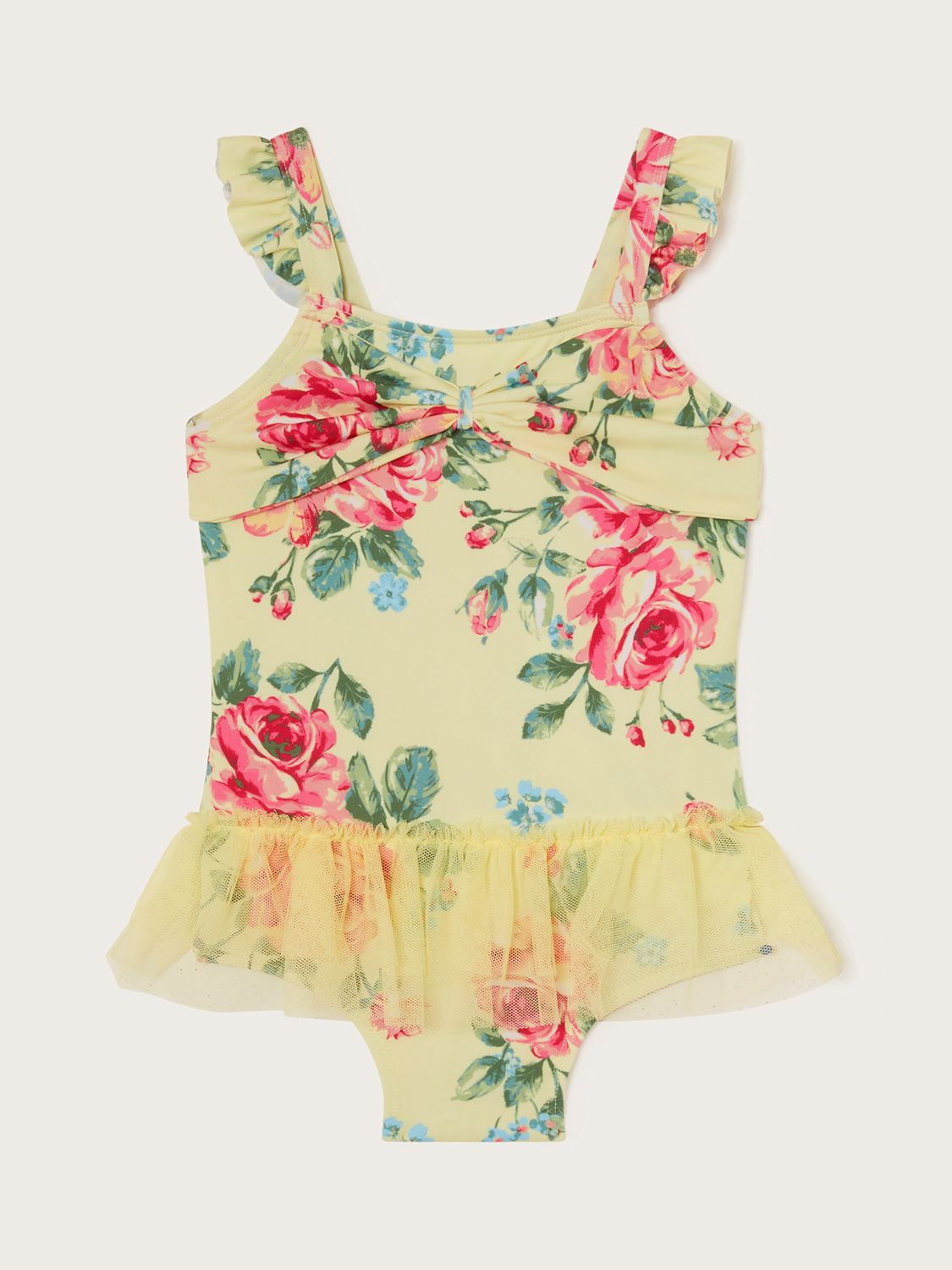 Monsoon Baby Rose Print Mesh Skirt Swimsuit, Yellow, 0-3 months