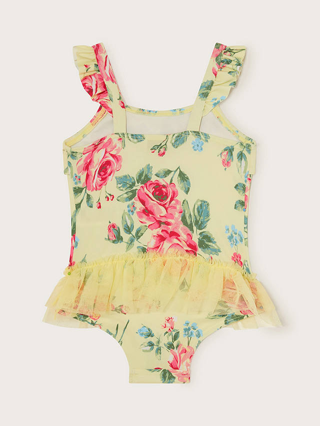Monsoon Baby Rose Print Mesh Skirt Swimsuit, Yellow