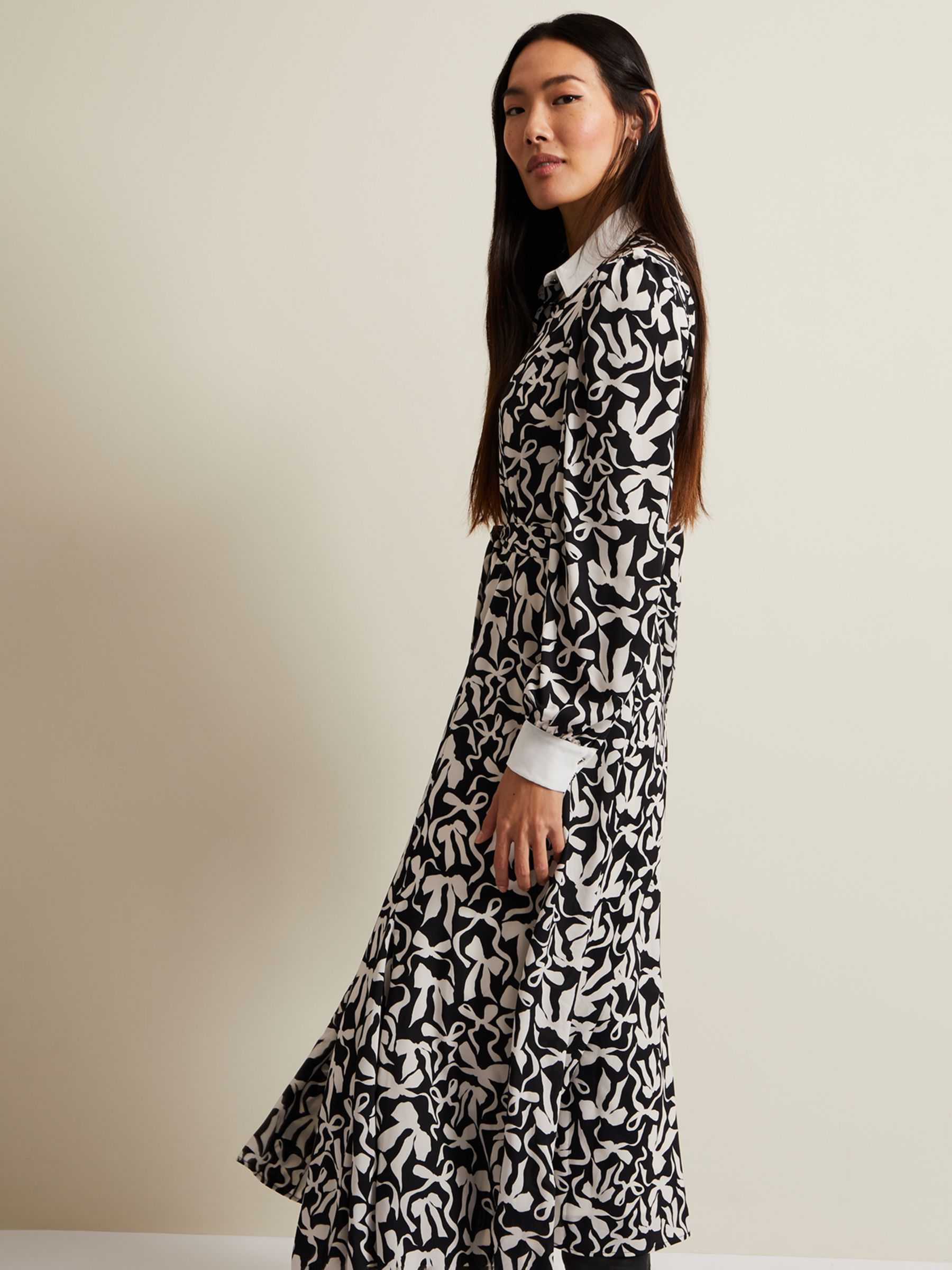 Phase Eight Bonnie Bow Print Midaxi Shirt Dress, Black/Ivory, 6