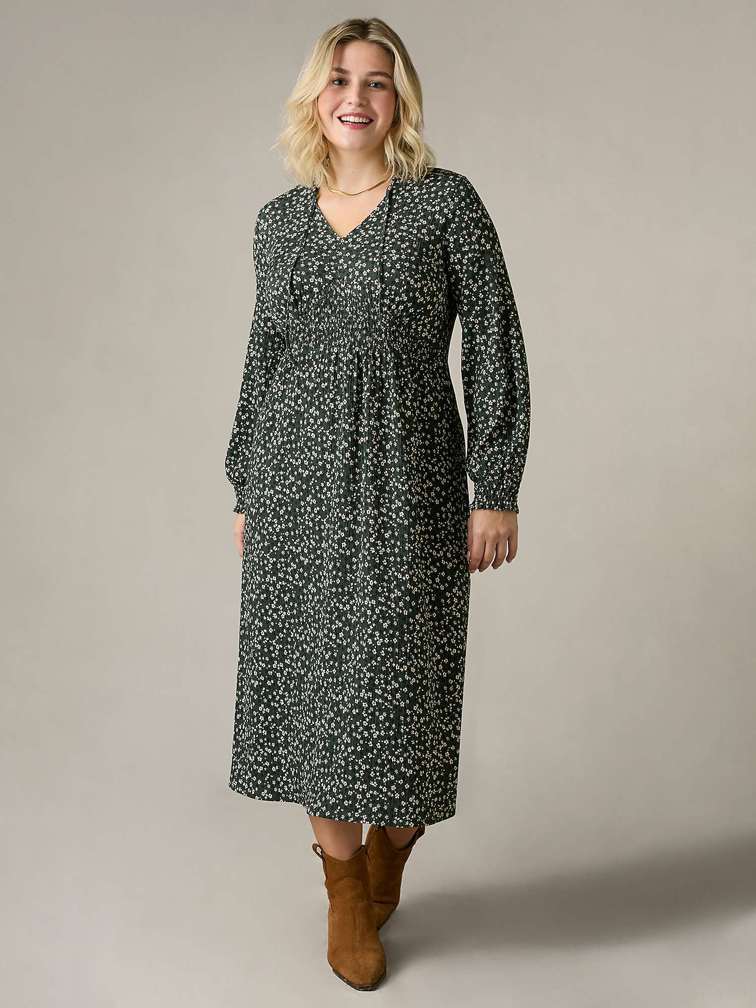 Buy Live Unlimited Curve Ditsy Jersey Shirred Waist Midi Dress, Green Online at johnlewis.com