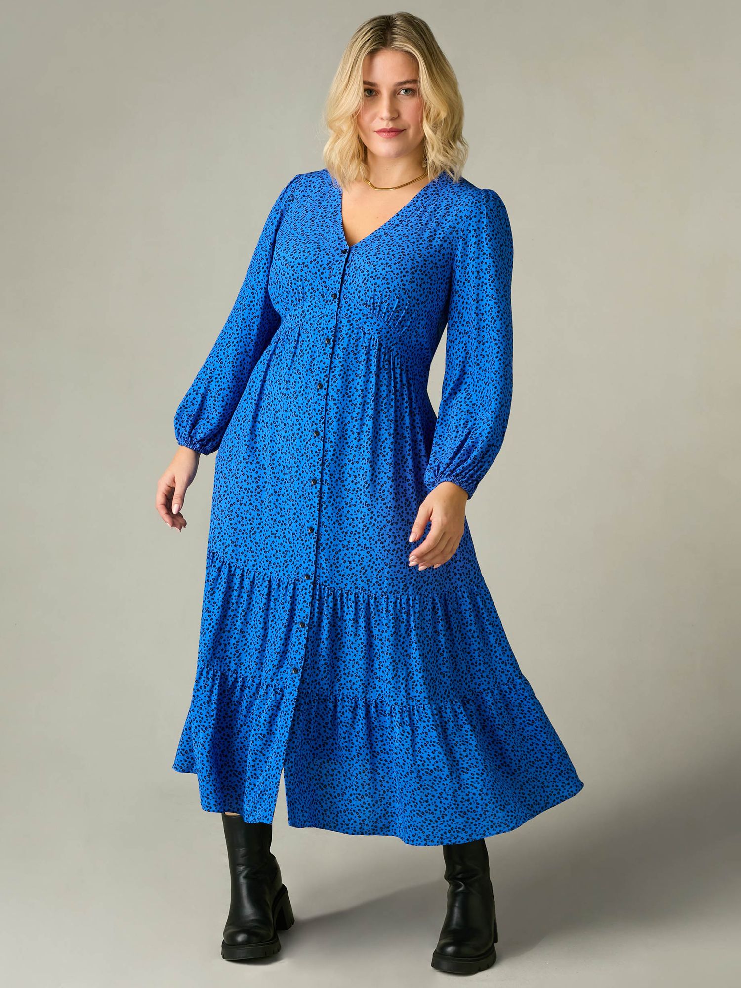 Live Unlimited Curve Ditsy Button Through Midaxi Dress, Blue at John ...