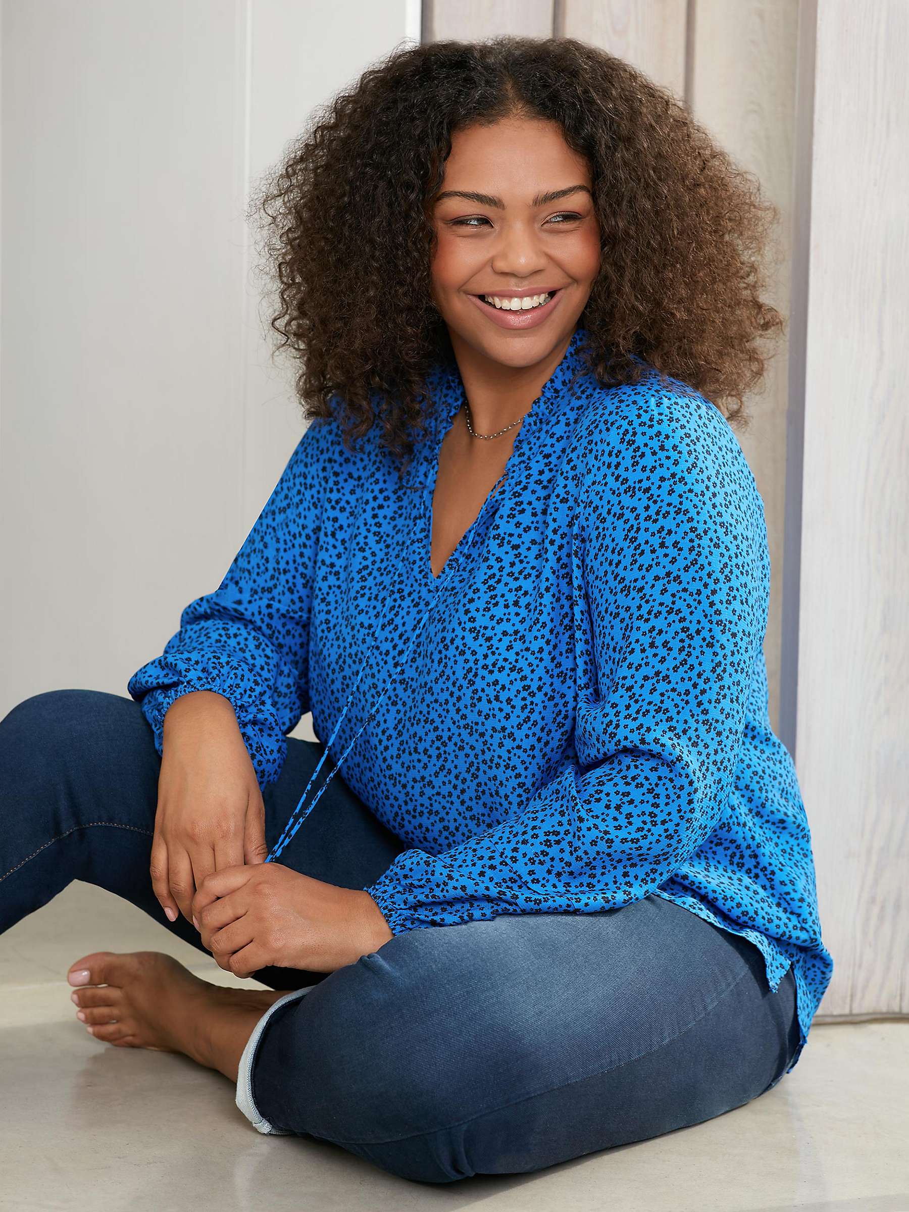 Buy Live Unlimited Curve Ditsy Print Pleat Sleeve Blouse, Blue Online at johnlewis.com
