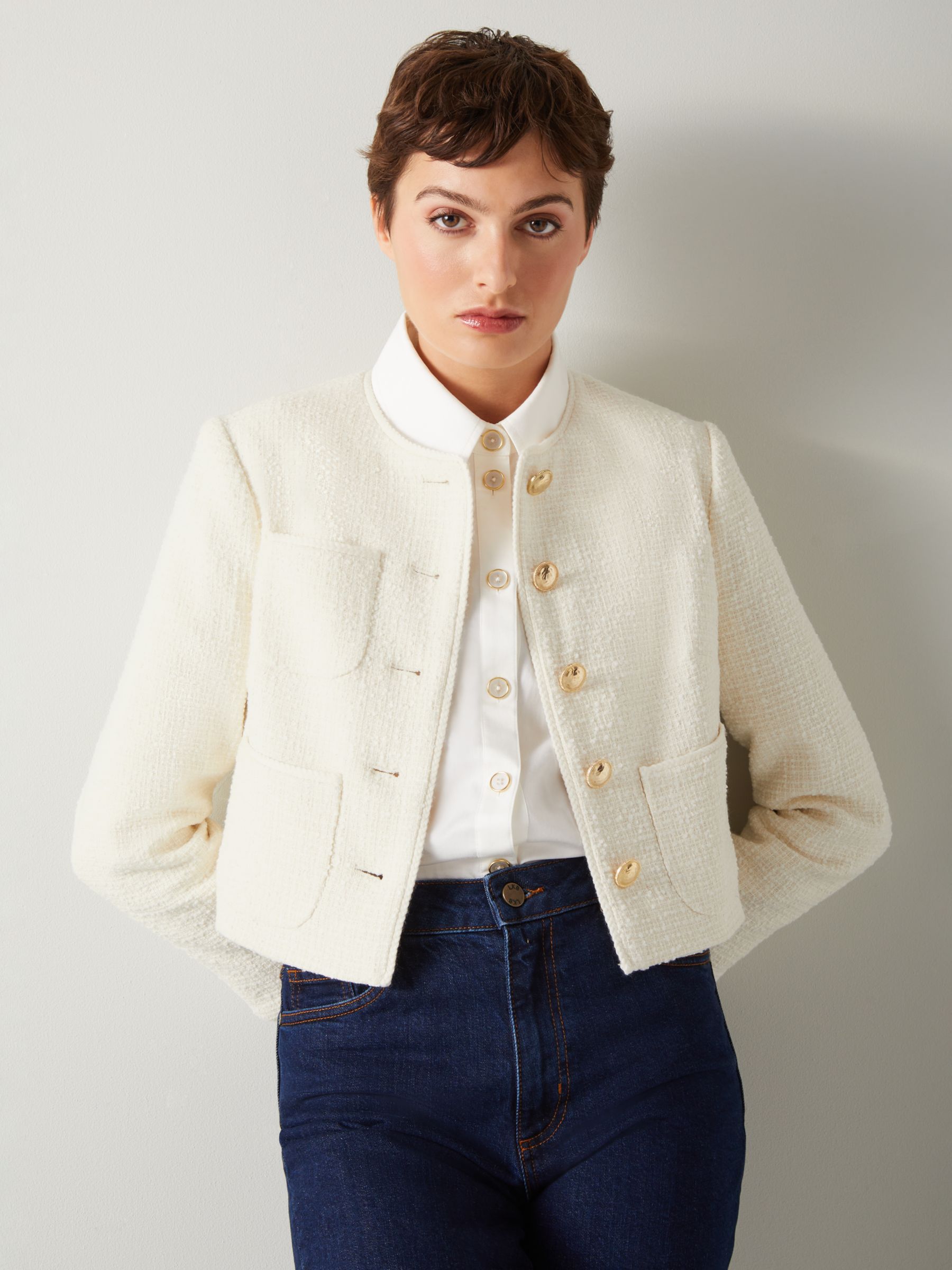 L.K.Bennett Alexa Cropped Tweed Jacket, Cream, 6